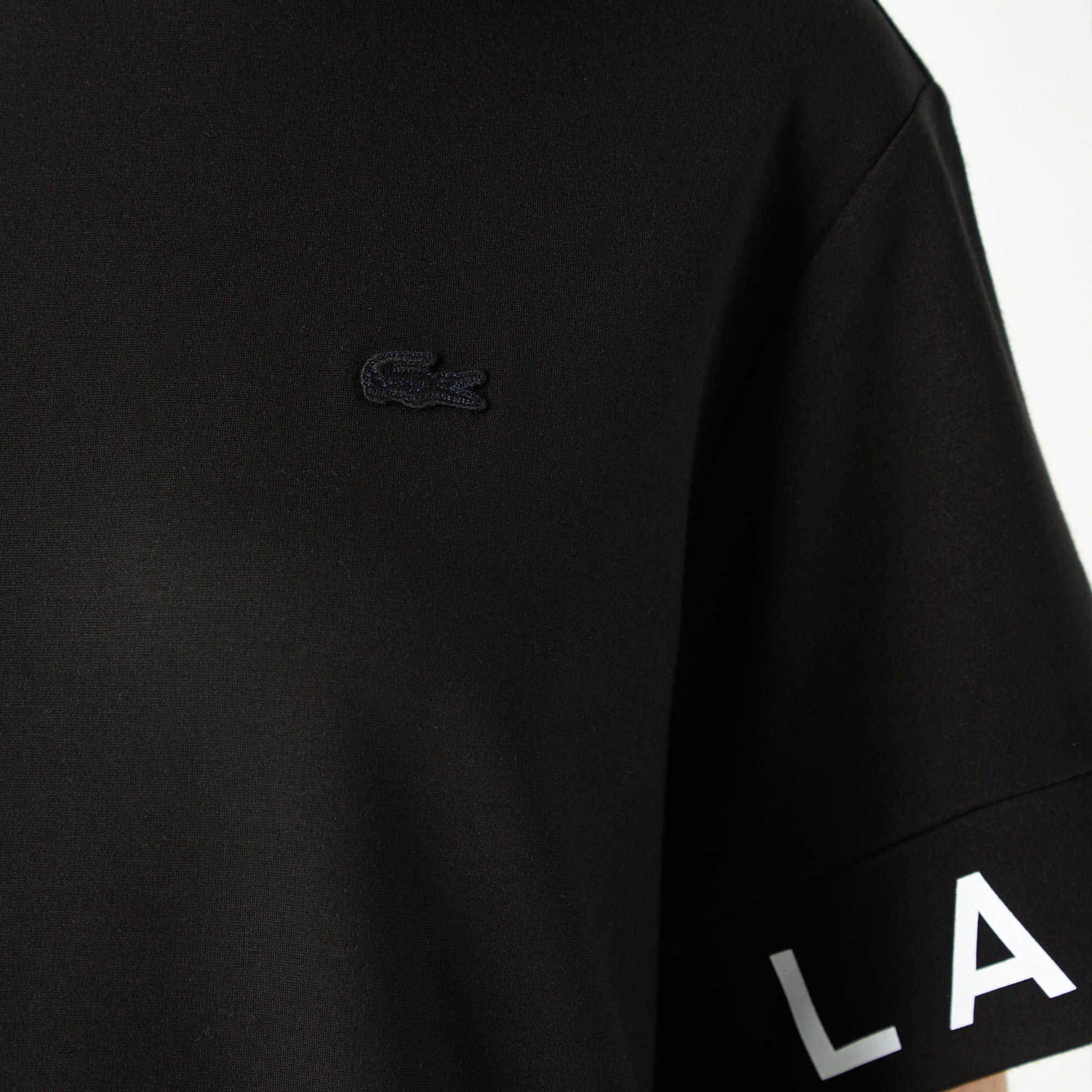 Lacoste Kadın Loose Fit Bisiklet Yaka Baskılı Siyah Elbise