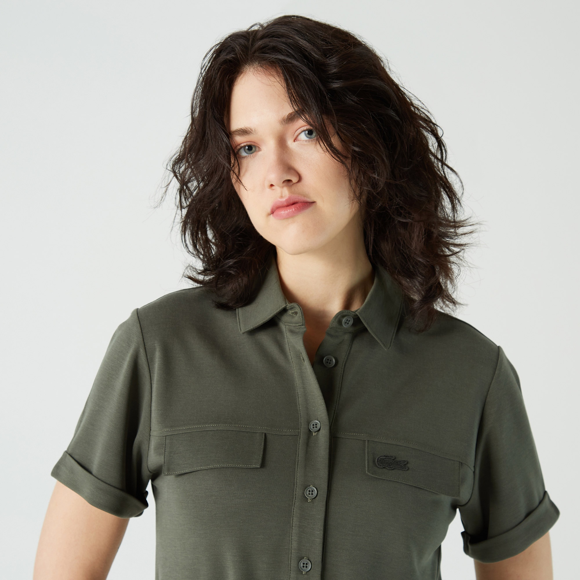 Lacoste Kadın Loose Fit Kısa Kollu Gömlek Yaka Haki Elbise