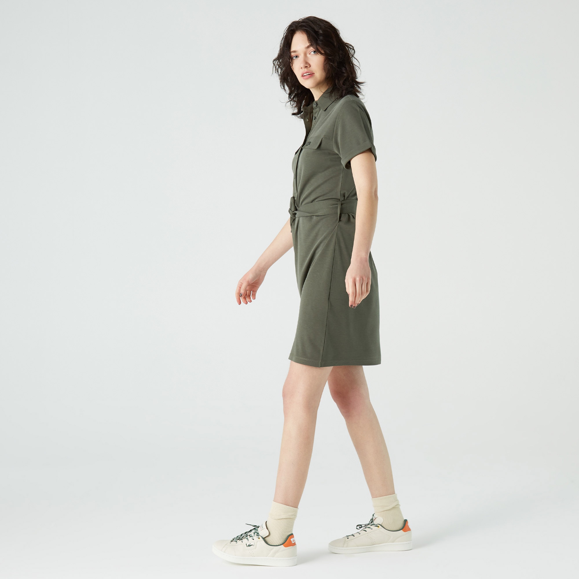 Lacoste Kadın Loose Fit Kısa Kollu Gömlek Yaka Haki Elbise