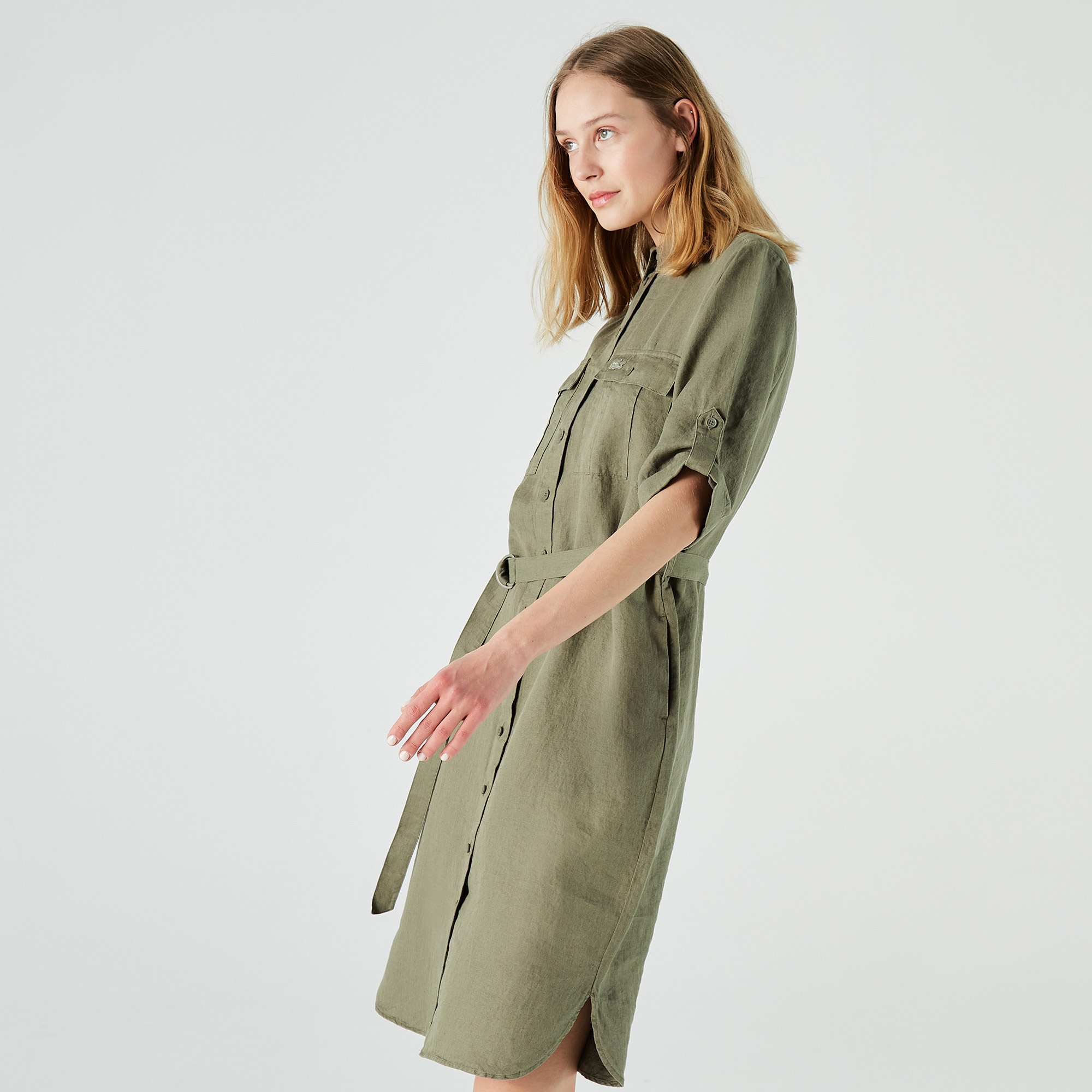 Lacoste Kadın Loose Fit Kısa Kollu Gömlek Yaka Haki Elbise