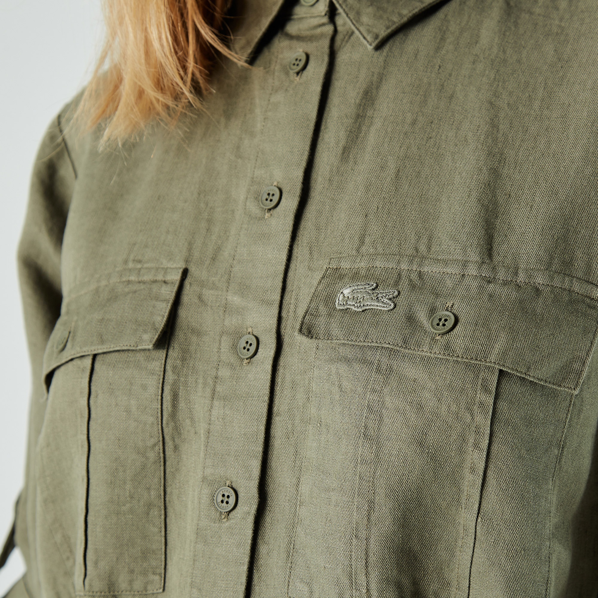 Lacoste Kadın Loose Fit Kısa Kollu Gömlek Yaka Haki Elbise