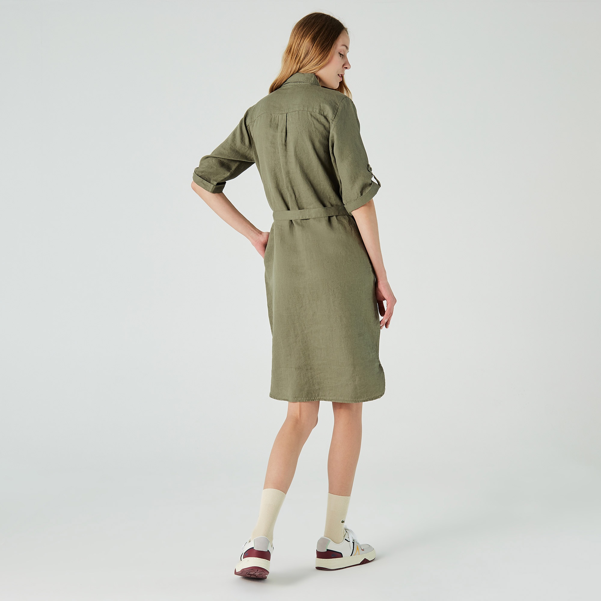 Lacoste Kadın Loose Fit Kısa Kollu Gömlek Yaka Haki Elbise