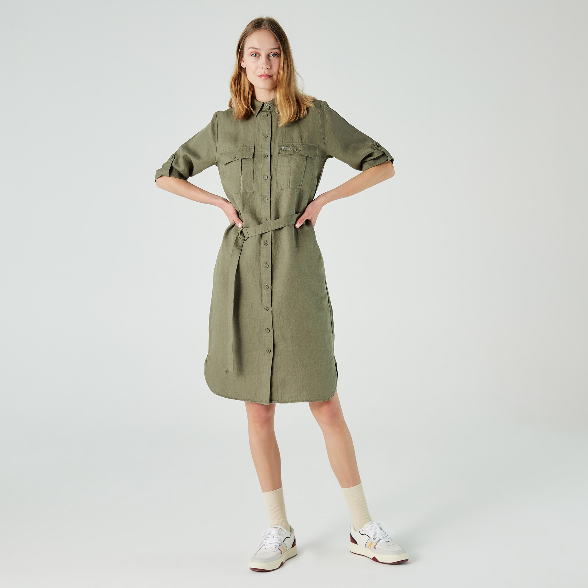 Lacoste Kadın Loose Fit Kısa Kollu Gömlek Yaka Haki Elbise