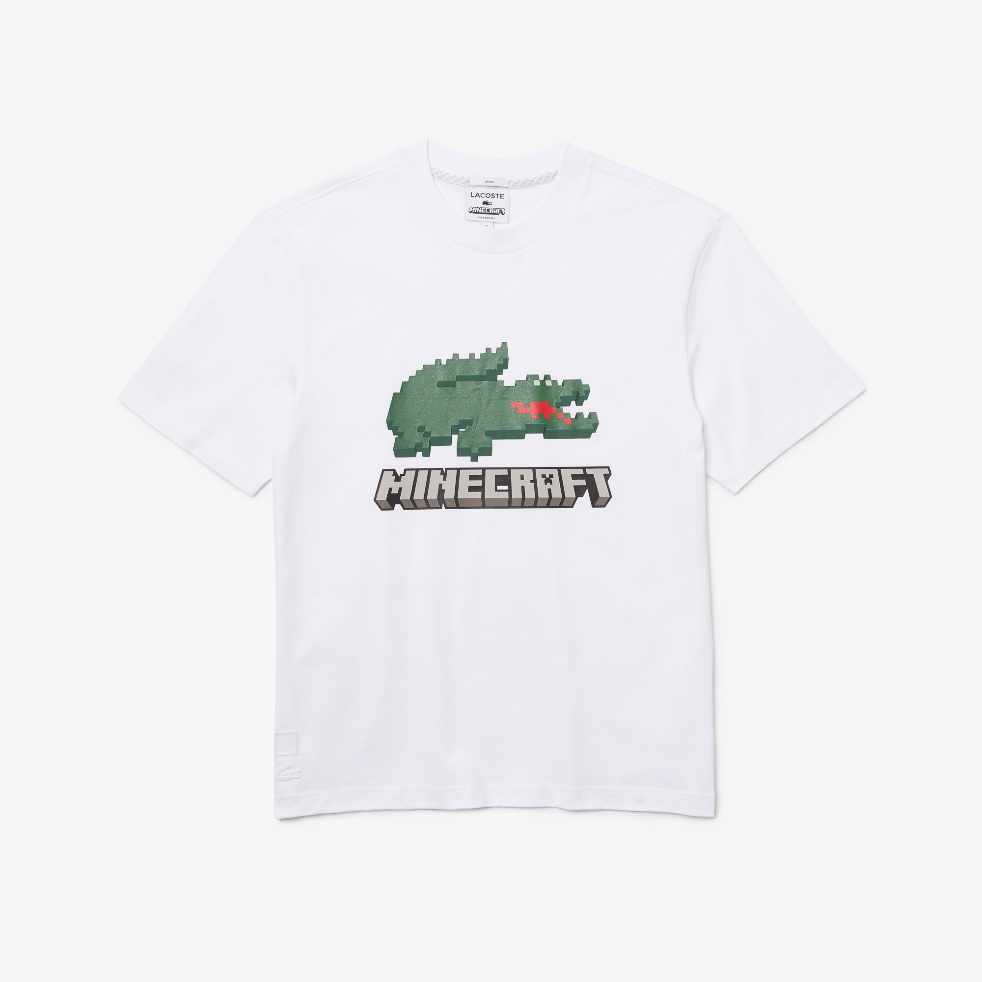 Lacoste X Minecraft Unisex Relaxed Fit Bisiklet Yaka Baskılı Beyaz T-Shirt