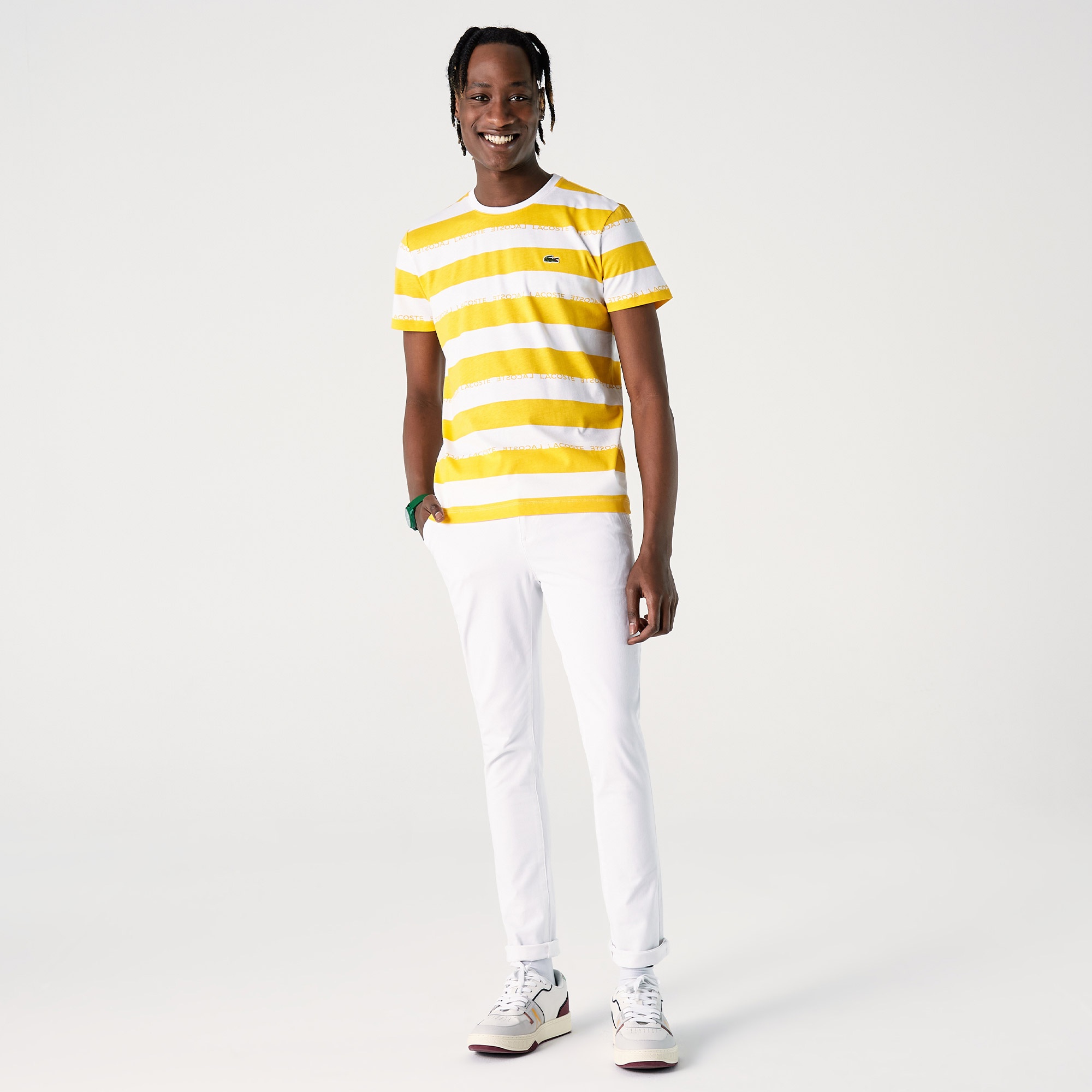 Lacoste Erkek Regular Fit Bisiklet Yaka Çizgili Sarı T-Shirt