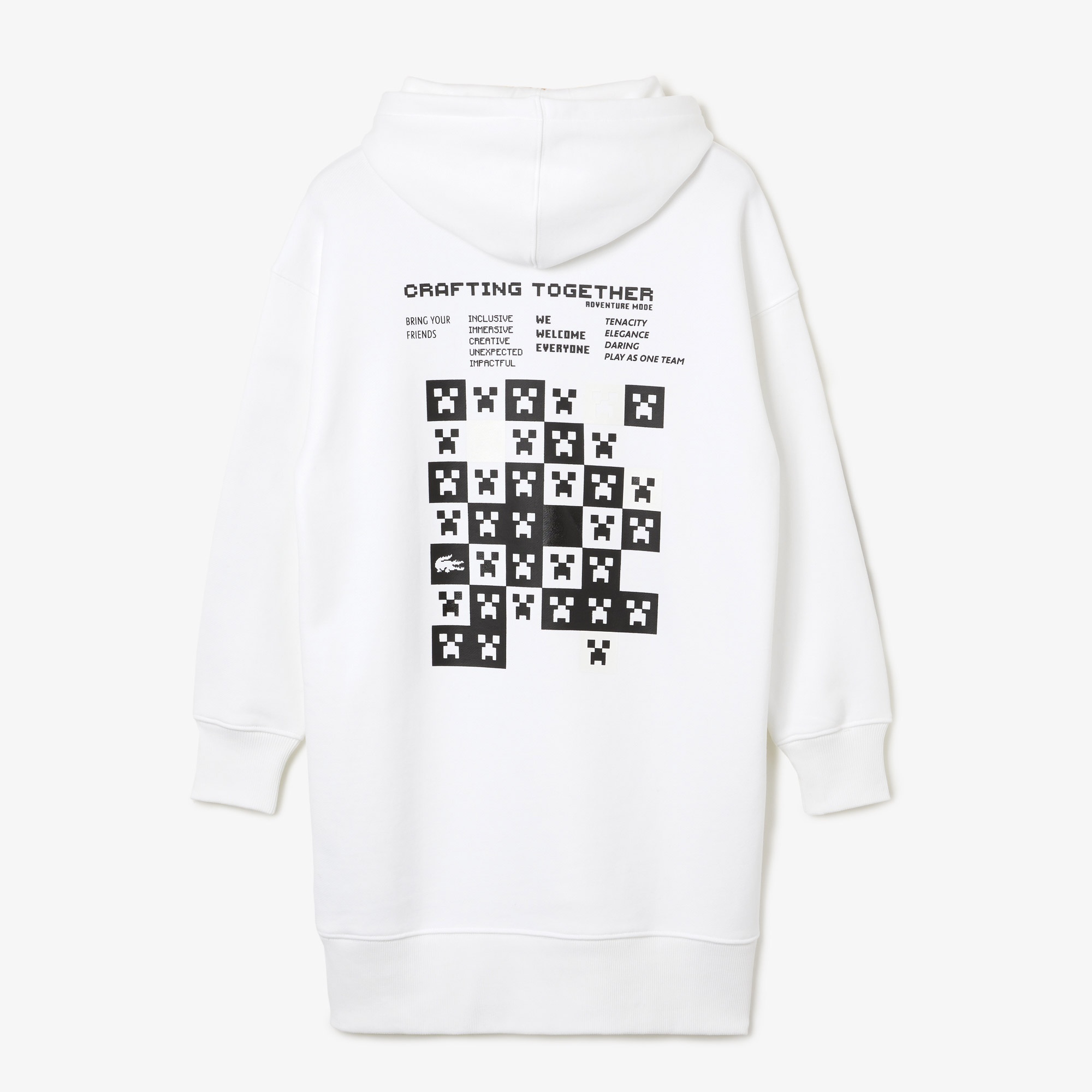 Lacoste X Minecraft Kadın Oversize Uzun Kollu Kapüşonlu Baskılı Beyaz Elbise