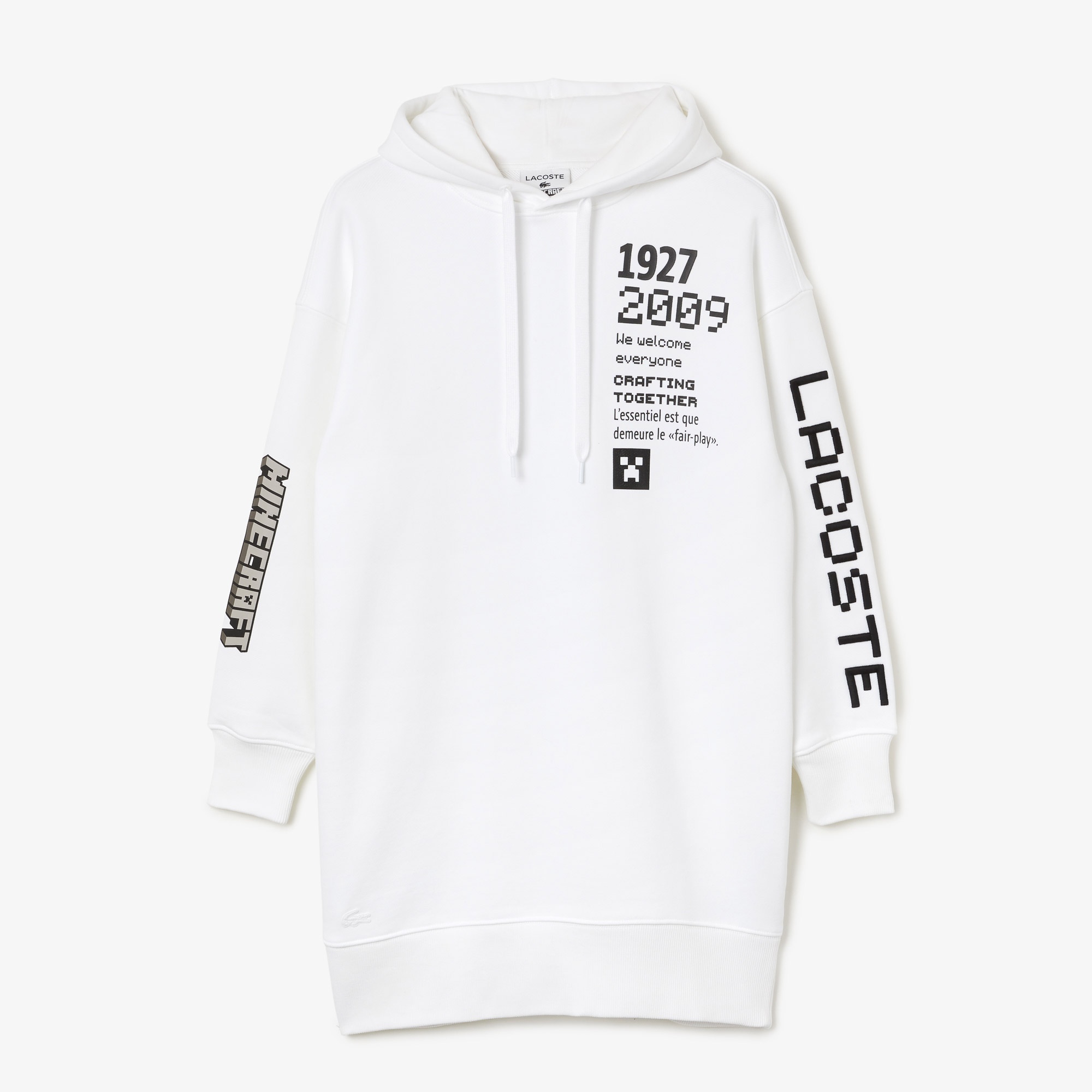 Lacoste X Minecraft Kadın Oversize Uzun Kollu Kapüşonlu Baskılı Beyaz Elbise