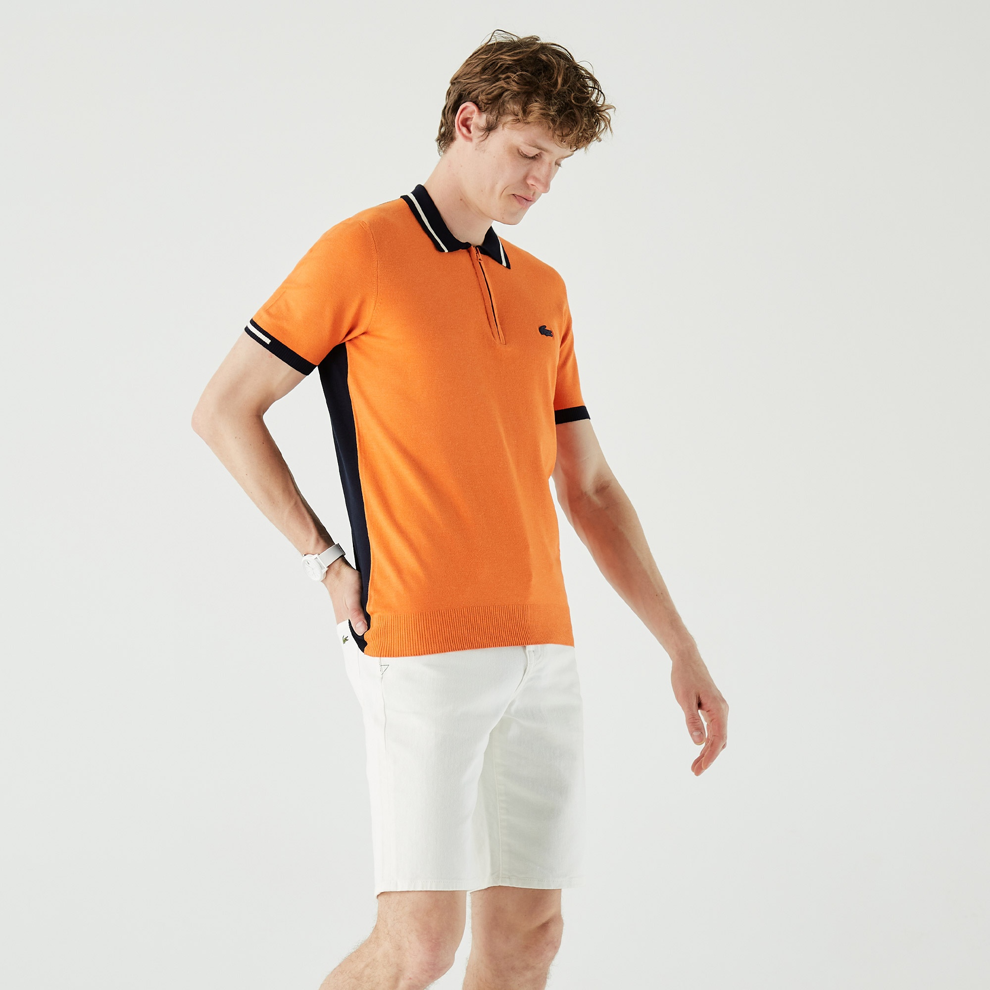 Lacoste Erkek Kısa Kollu Fermuarlı Polo Yaka Turuncu Triko