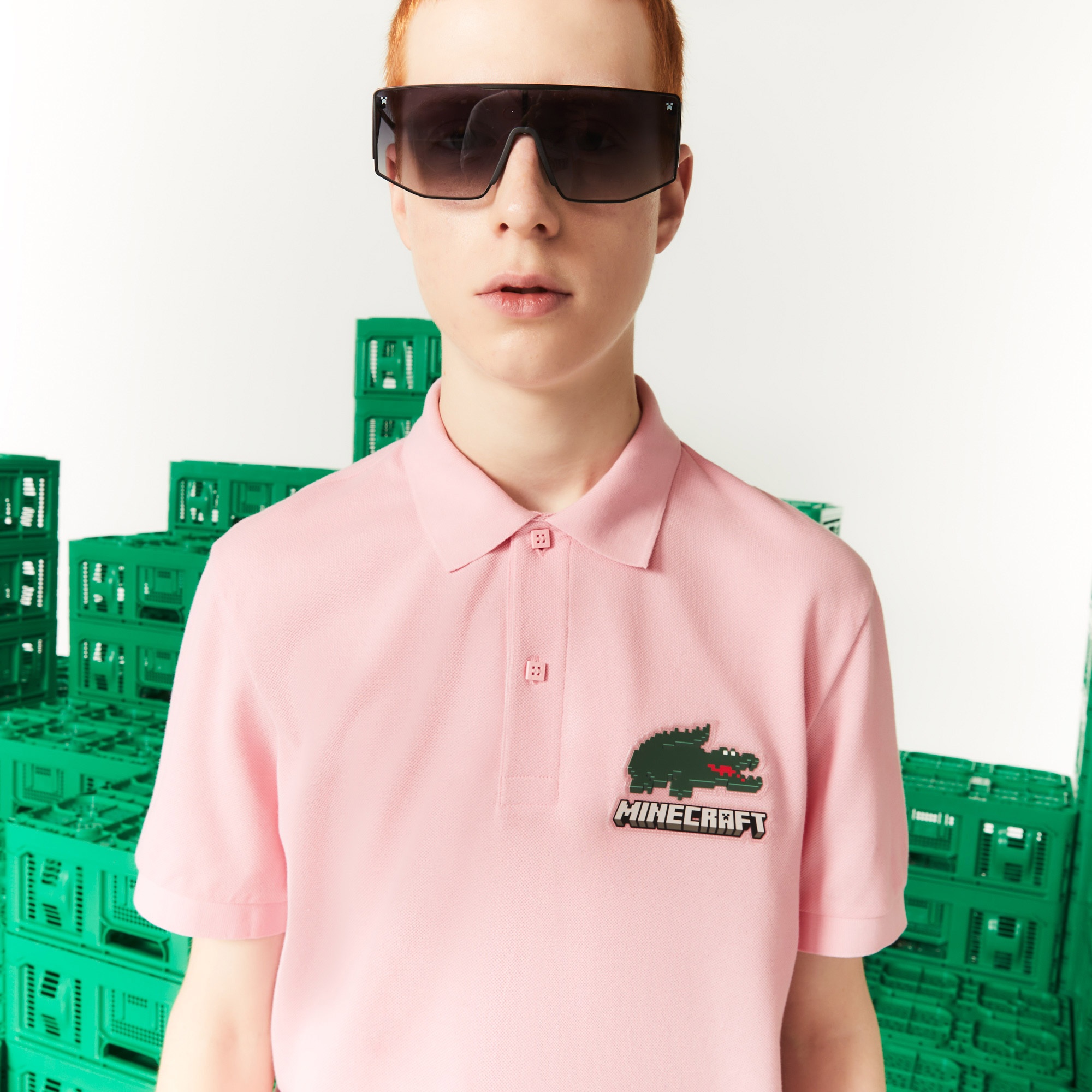Lacoste X Minecraft Unisex Classic Fit Baskılı Pembe Polo