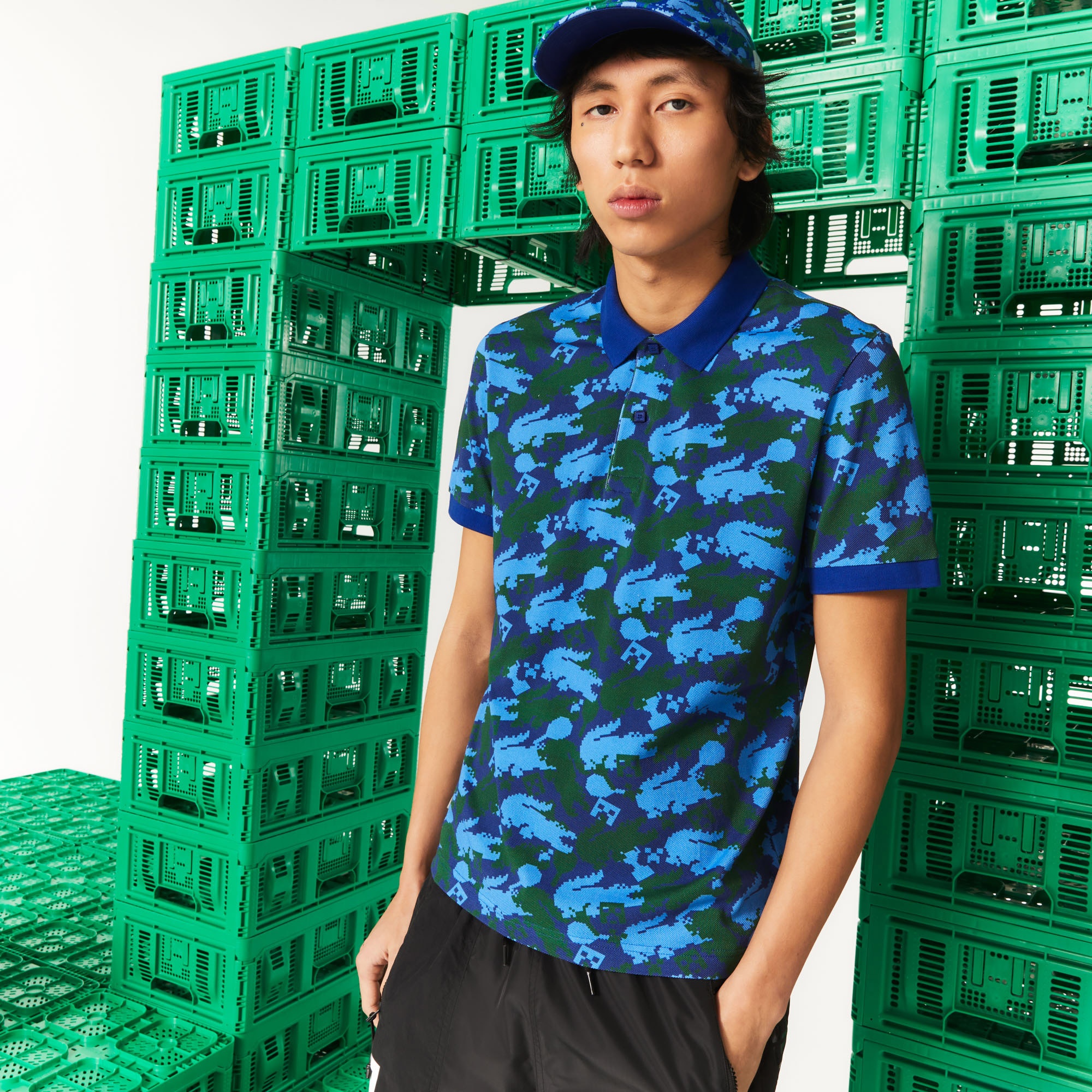 Lacoste X Minecraft Unisex Classic Fit Desenli Mavi Polo