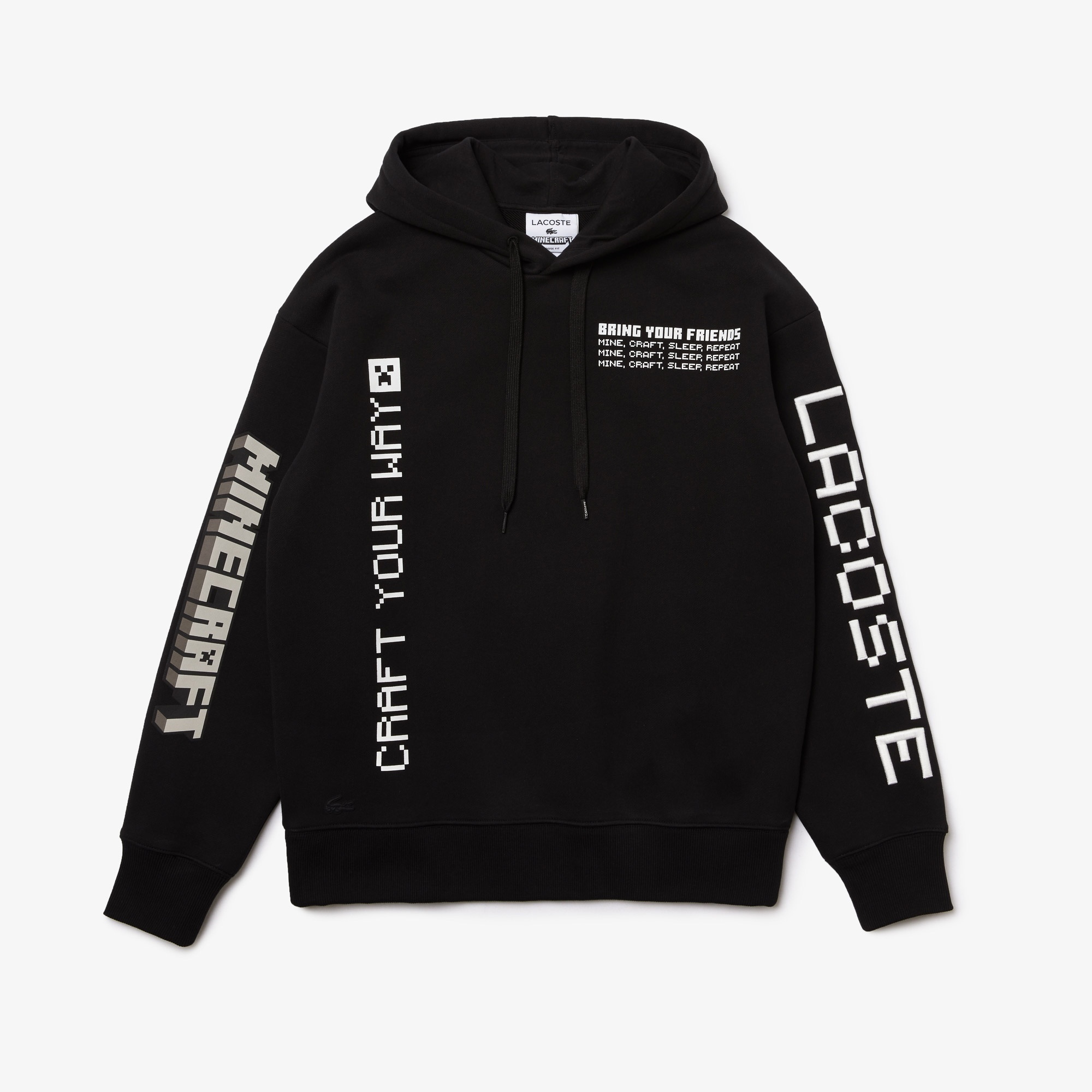 Lacoste X Minecraft Erkek Relaxed Fit Kapüşonlu Baskılı Siyah Sweatshirt