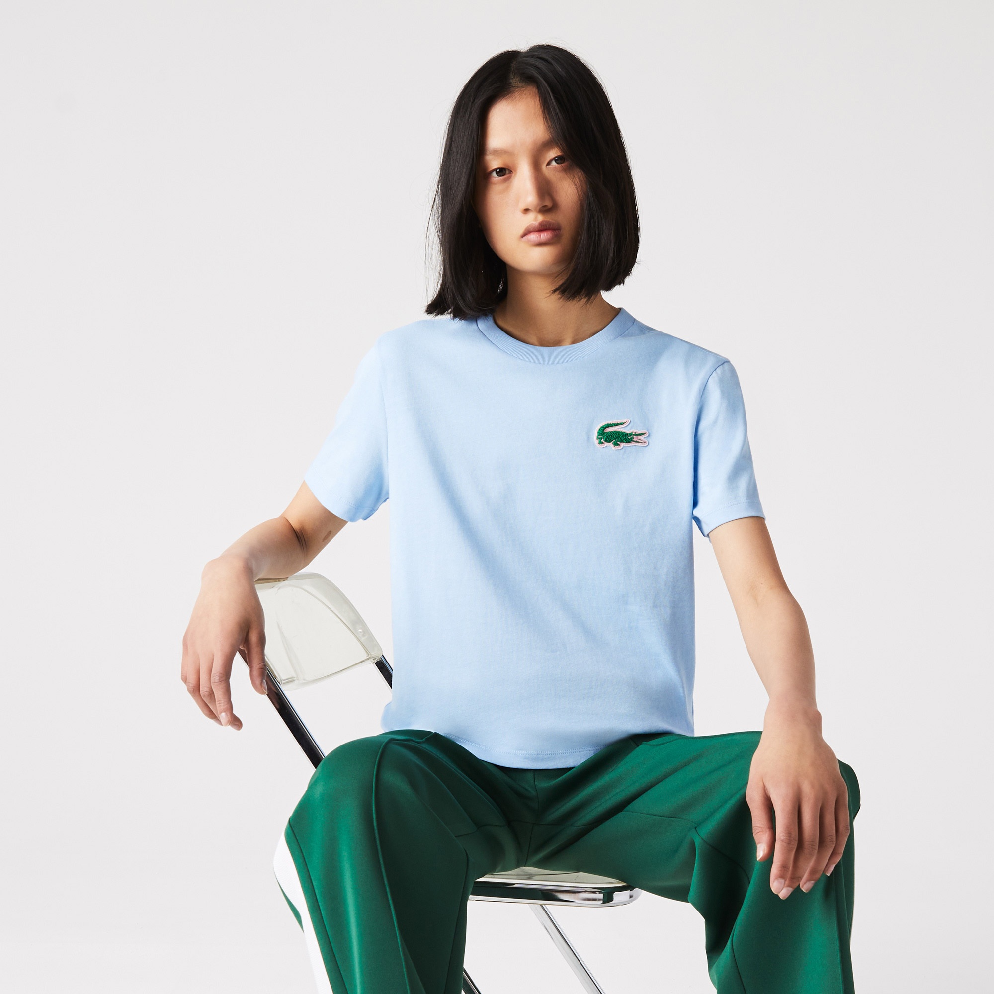 Lacoste Kadın Relaxed Fit Bisiklet Yaka Açık Mavi T-Shirt