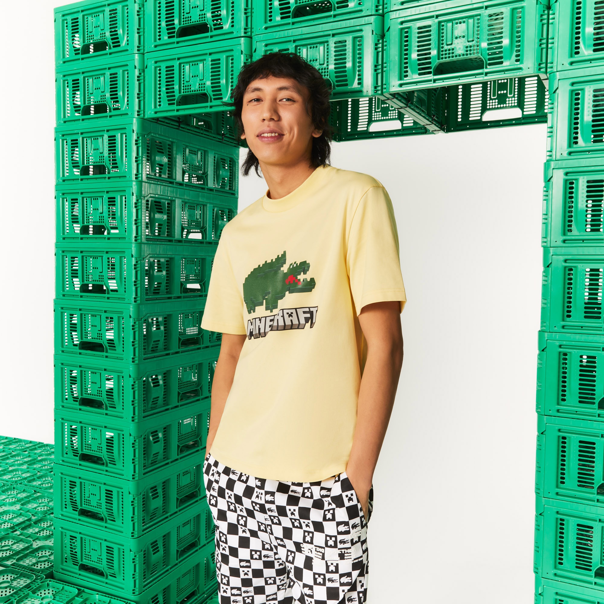 Lacoste X Minecraft Unisex Relaxed Fit Bisiklet Yaka Baskılı Sarı T-Shirt
