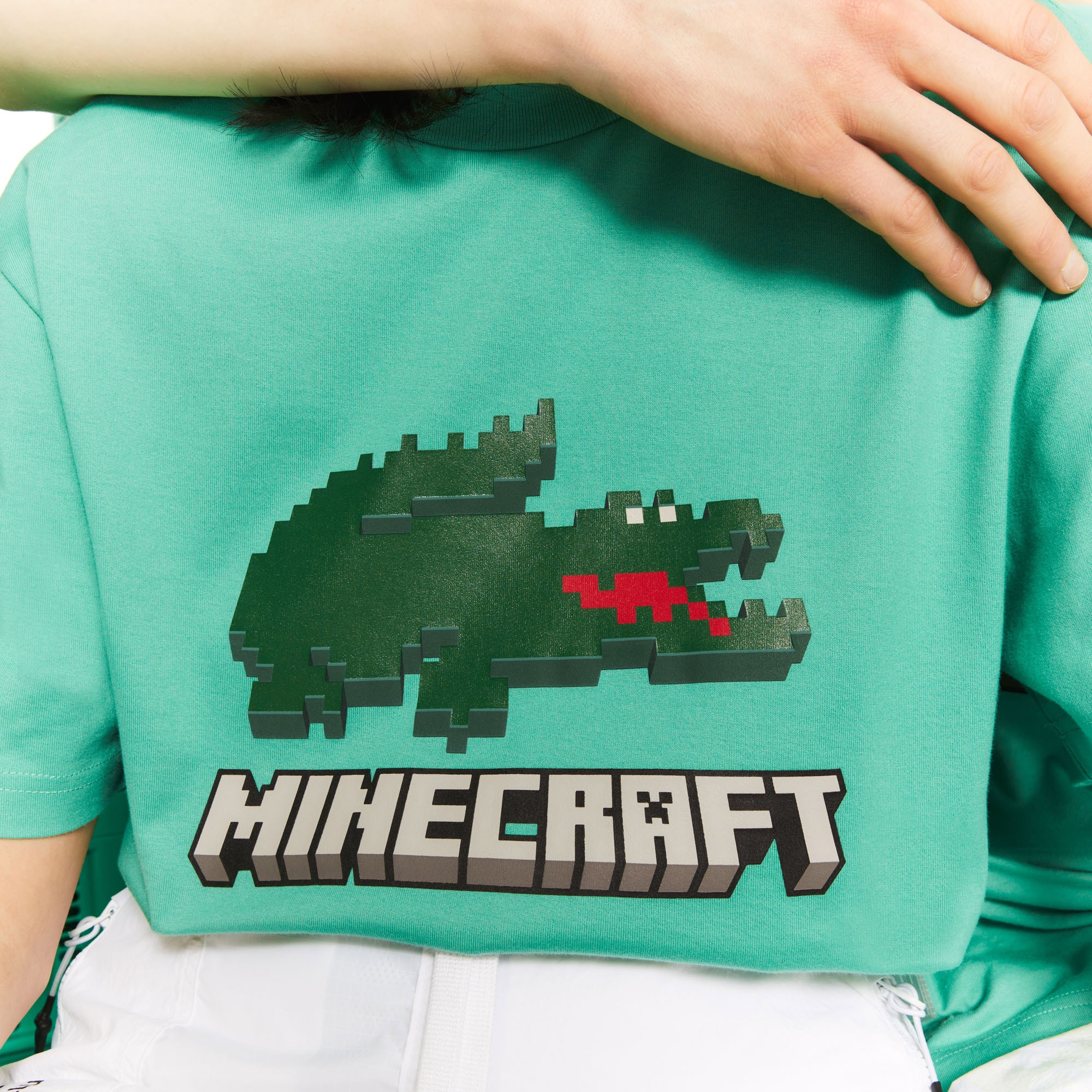 Lacoste X Minecraft Unisex Relaxed Fit Bisiklet Yaka Baskılı Yeşil T-Shirt