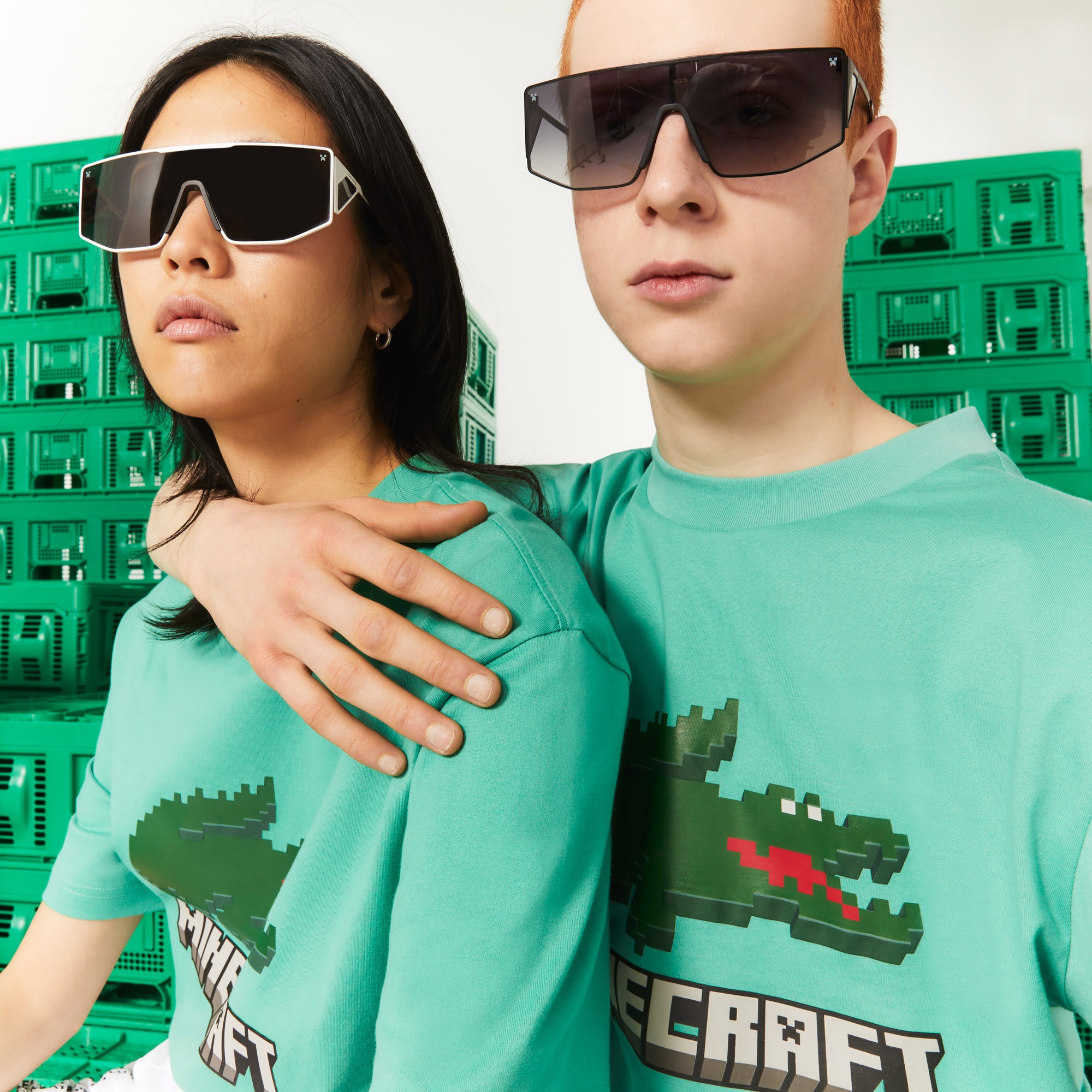 Lacoste X Minecraft Unisex Relaxed Fit Bisiklet Yaka Baskılı Yeşil T-Shirt