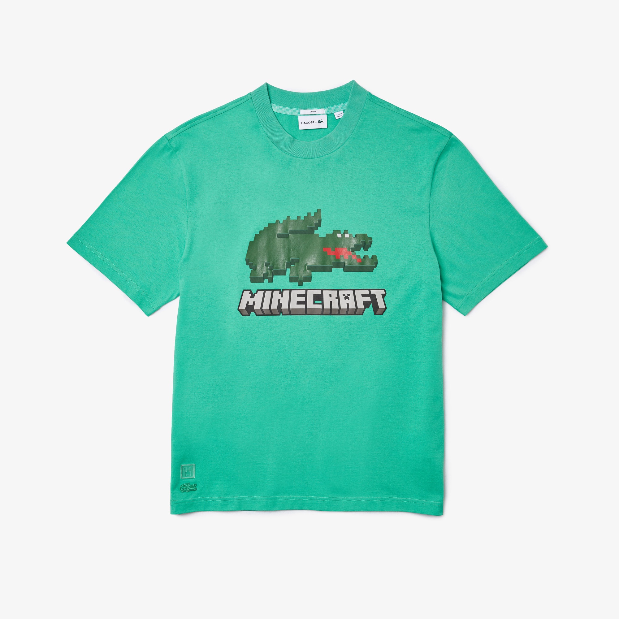 Lacoste X Minecraft Unisex Relaxed Fit Bisiklet Yaka Baskılı Yeşil T-Shirt