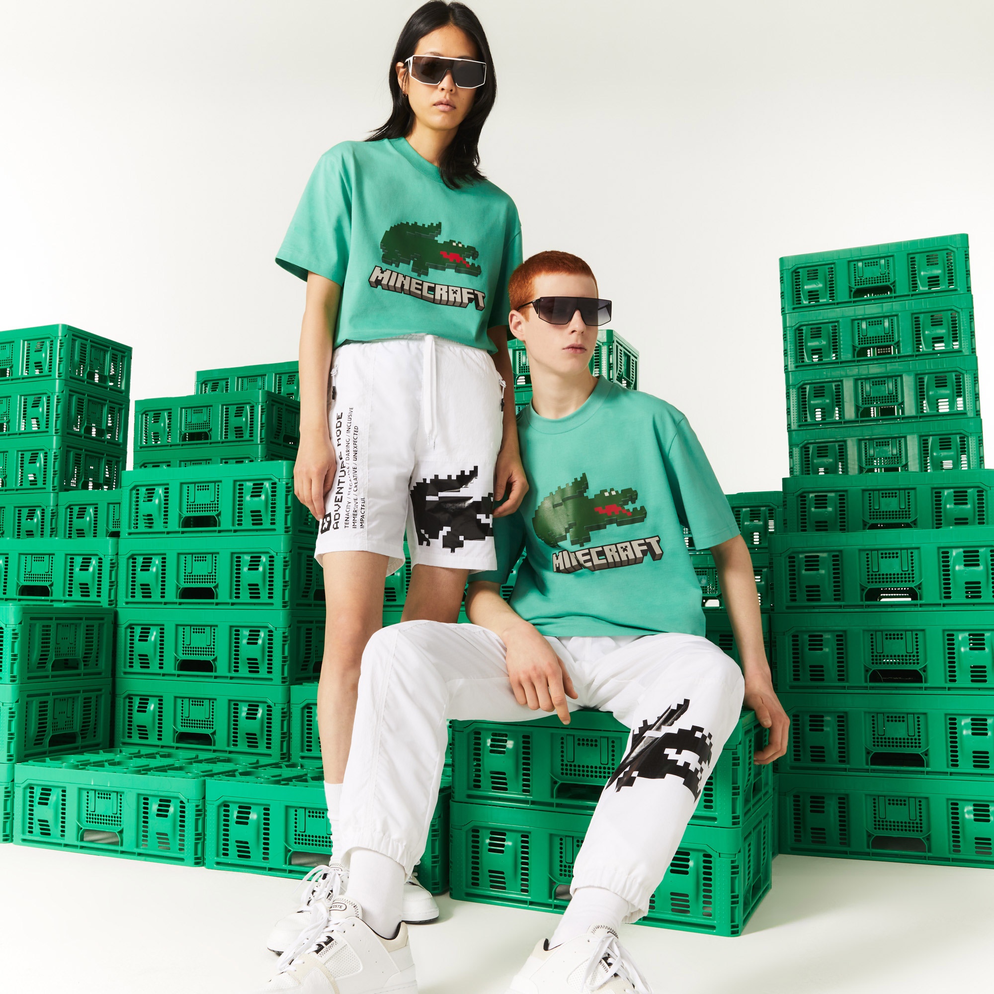 Lacoste X Minecraft Unisex Relaxed Fit Bisiklet Yaka Baskılı Yeşil T-Shirt