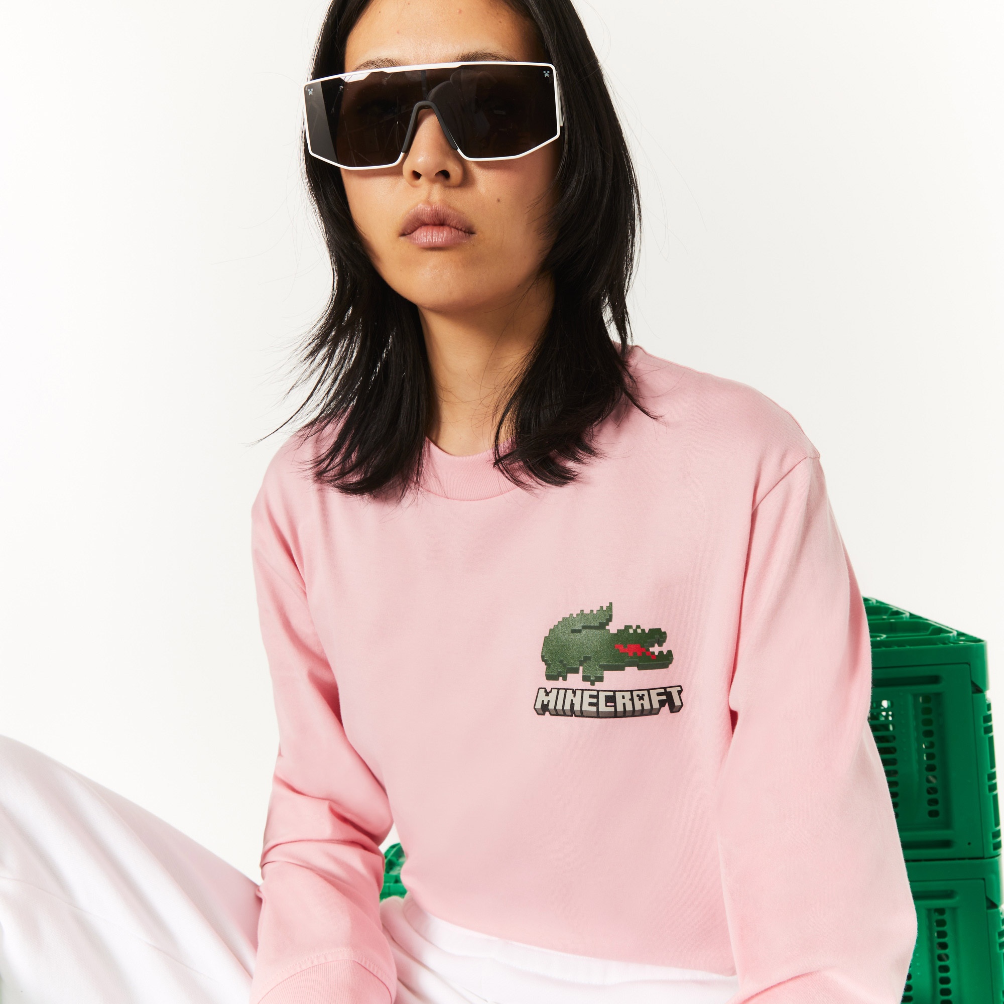 Lacoste X Minecraft Unisex Relaxed Fit Uzun Kollu Bisiklet Yaka Baskılı Pembe T-Shirt