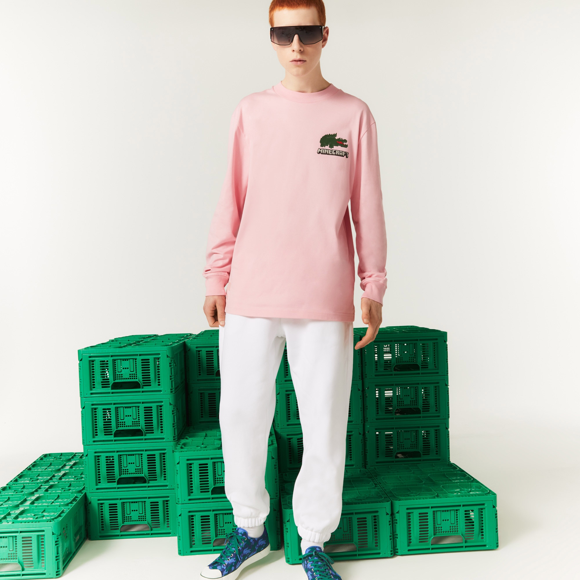 Lacoste X Minecraft Unisex Relaxed Fit Uzun Kollu Bisiklet Yaka Baskılı Pembe T-Shirt