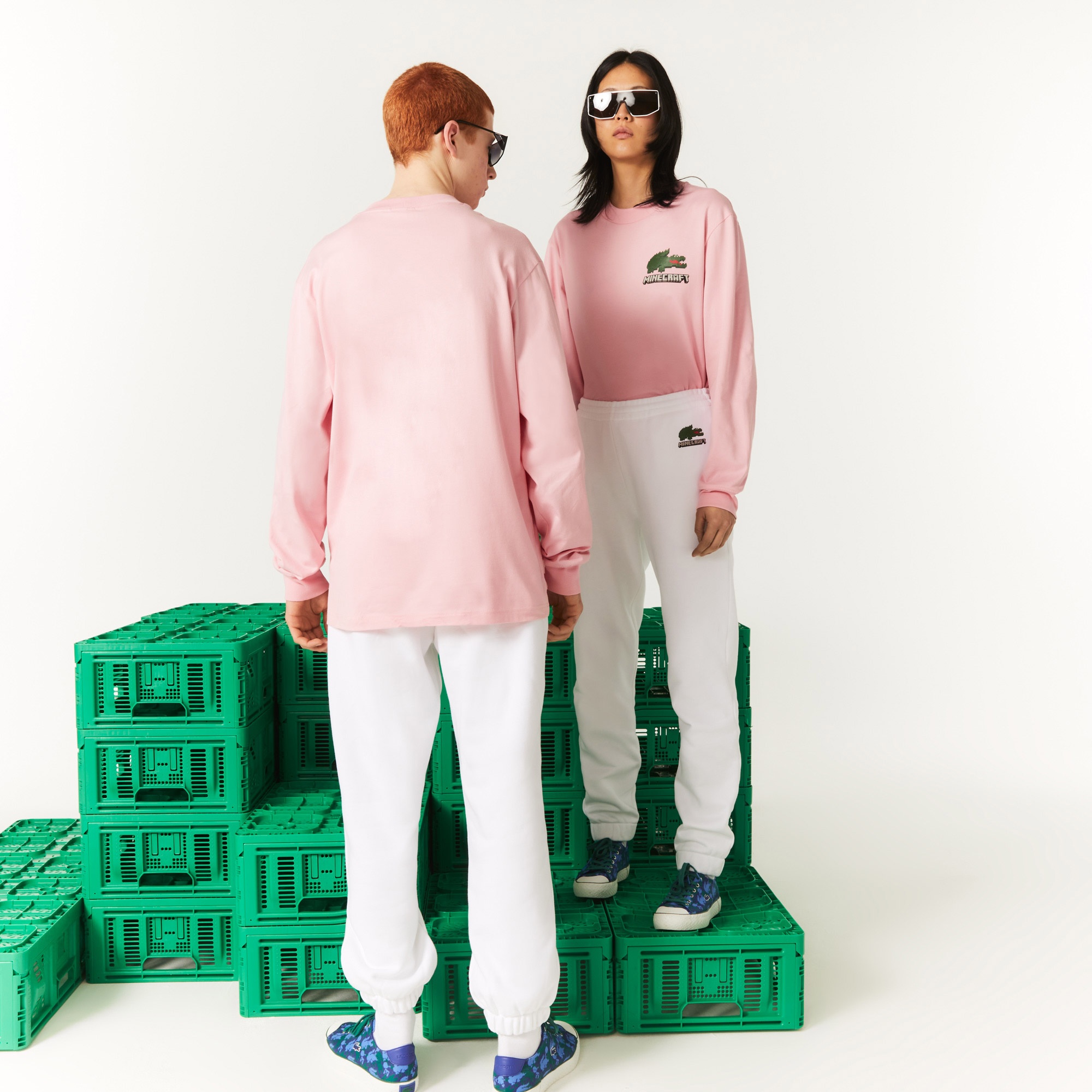 Lacoste X Minecraft Unisex Relaxed Fit Uzun Kollu Bisiklet Yaka Baskılı Pembe T-Shirt