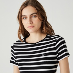 Lacoste Kadın Slim Fit Bisiklet Yaka Çizgili Siyah T-Shirt Siyah
