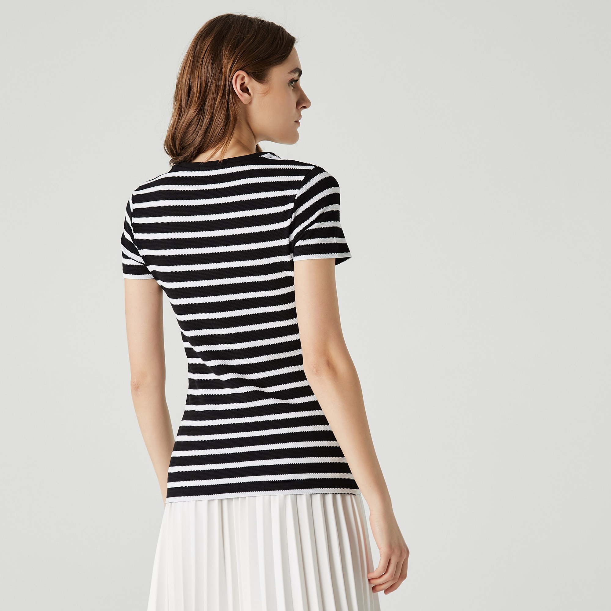 Lacoste Kadın Slim Fit Bisiklet Yaka Çizgili Siyah T-Shirt