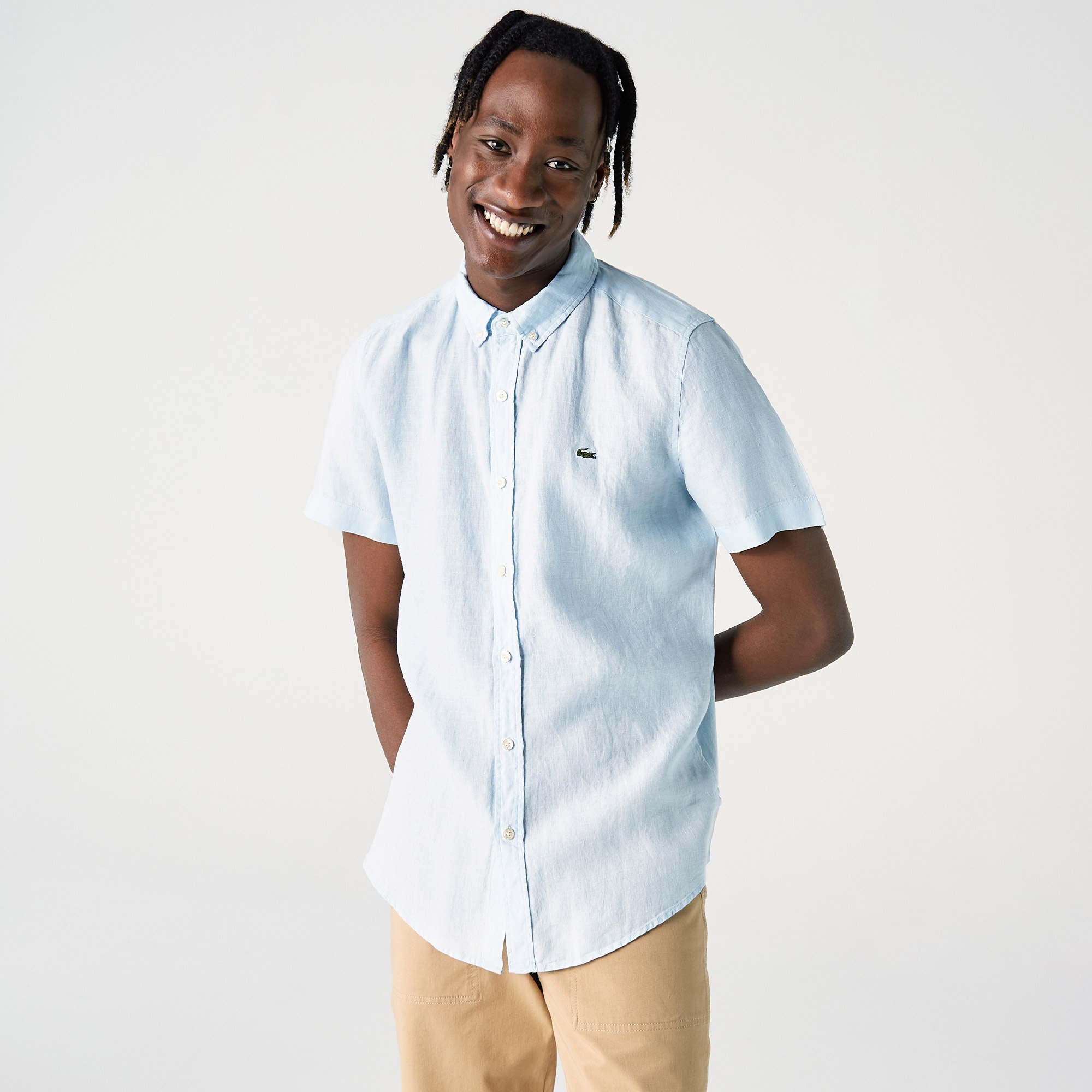 Lacoste Erkek Slim Fit Düğmeli Yaka Kısa Kollu Keten Mavi Gömlek