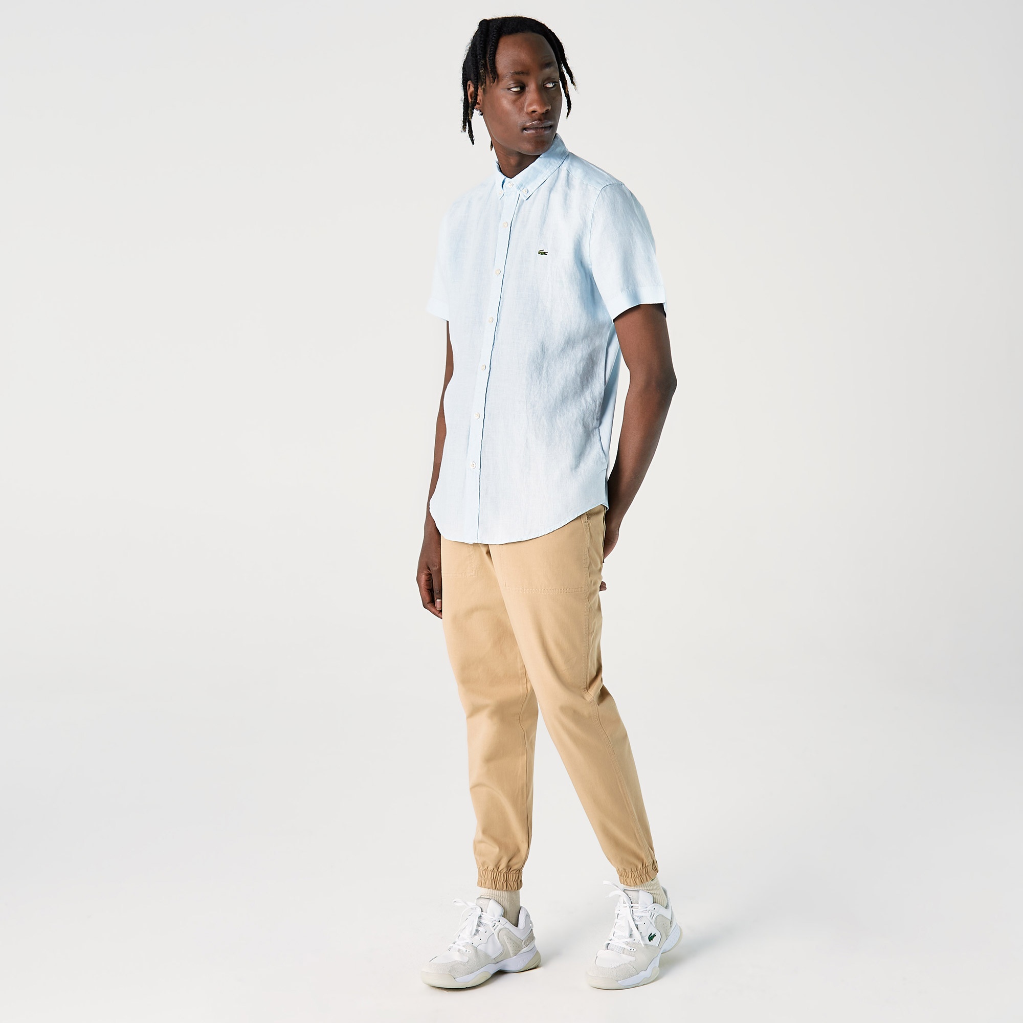 Lacoste Erkek Slim Fit Düğmeli Yaka Kısa Kollu Keten Mavi Gömlek