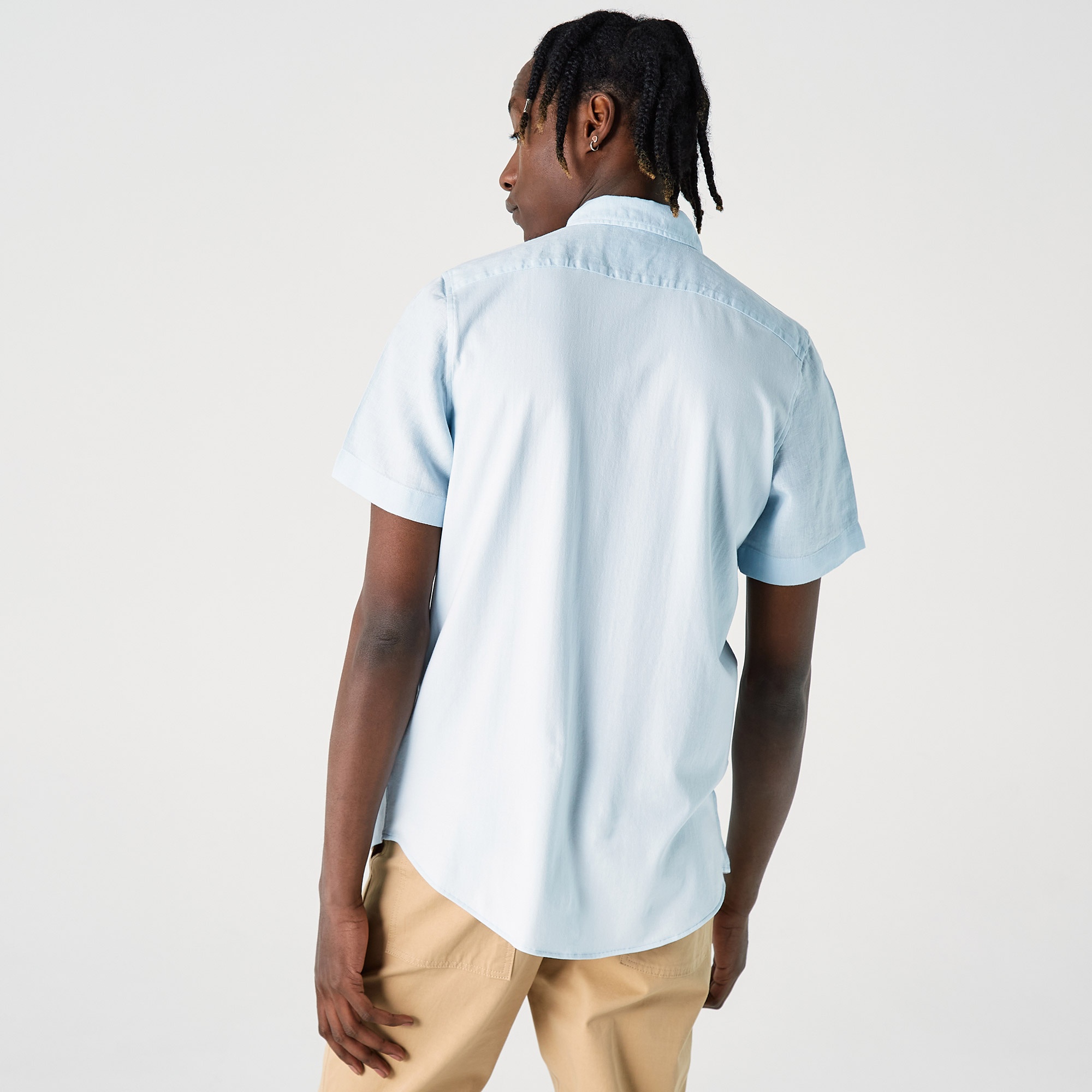 Lacoste Erkek Slim Fit Düğmeli Yaka Kısa Kollu Keten Mavi Gömlek