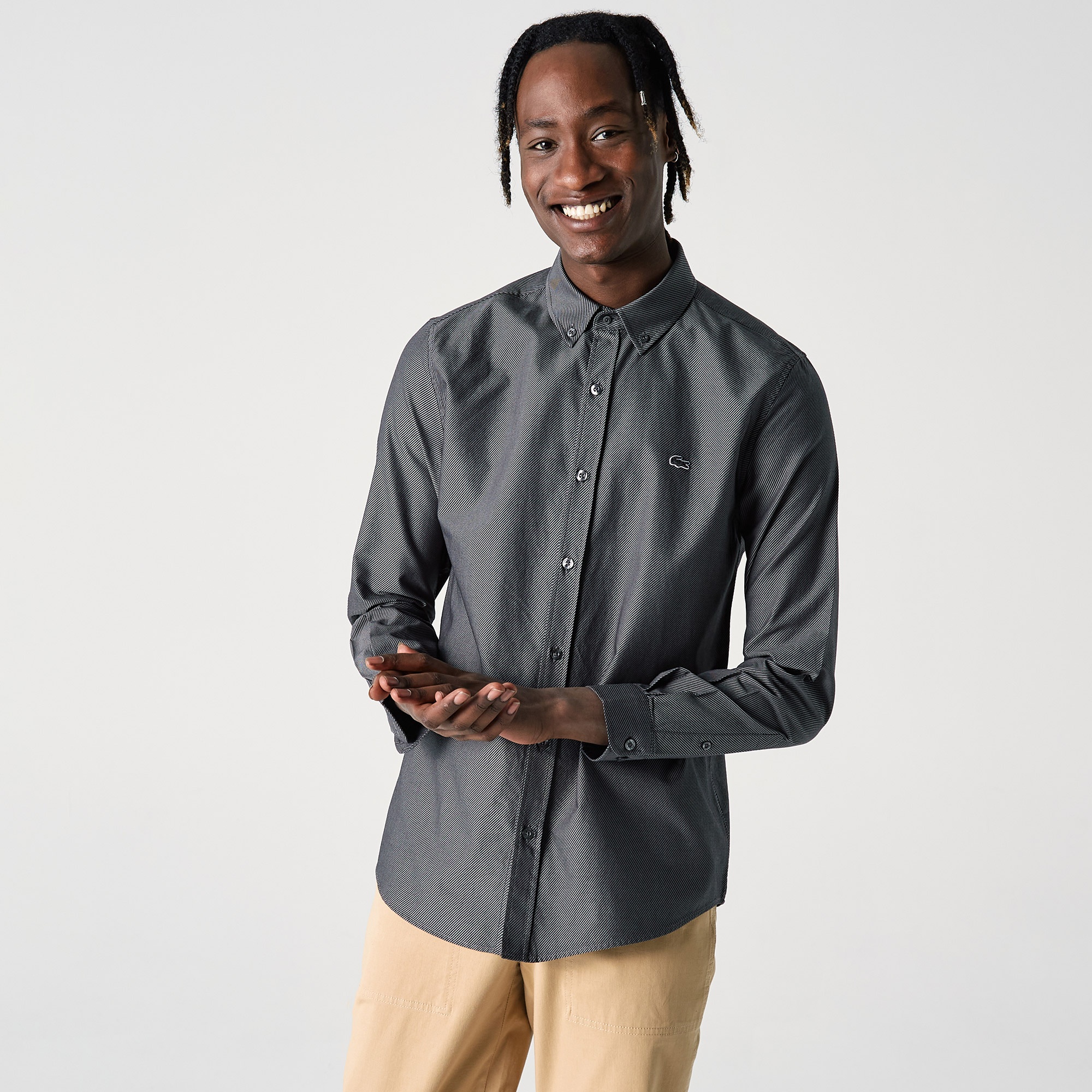 Lacoste Erkek Slim Fit Desenli Koyu Gri Gömlek