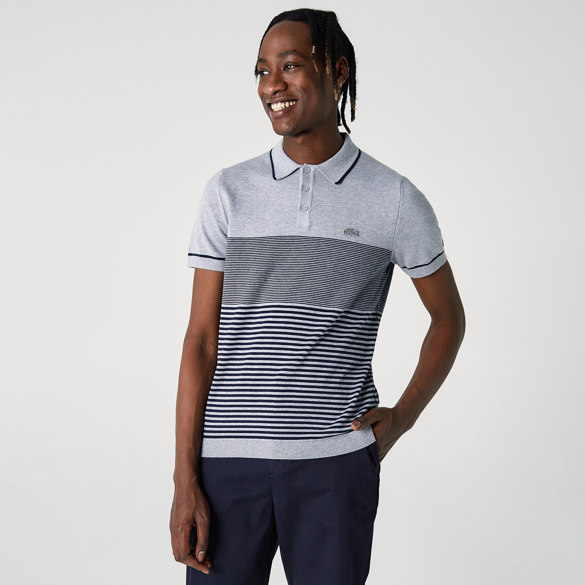 Lacoste Erkek Kısa Kollu Polo Yaka Çizgili Gri Triko