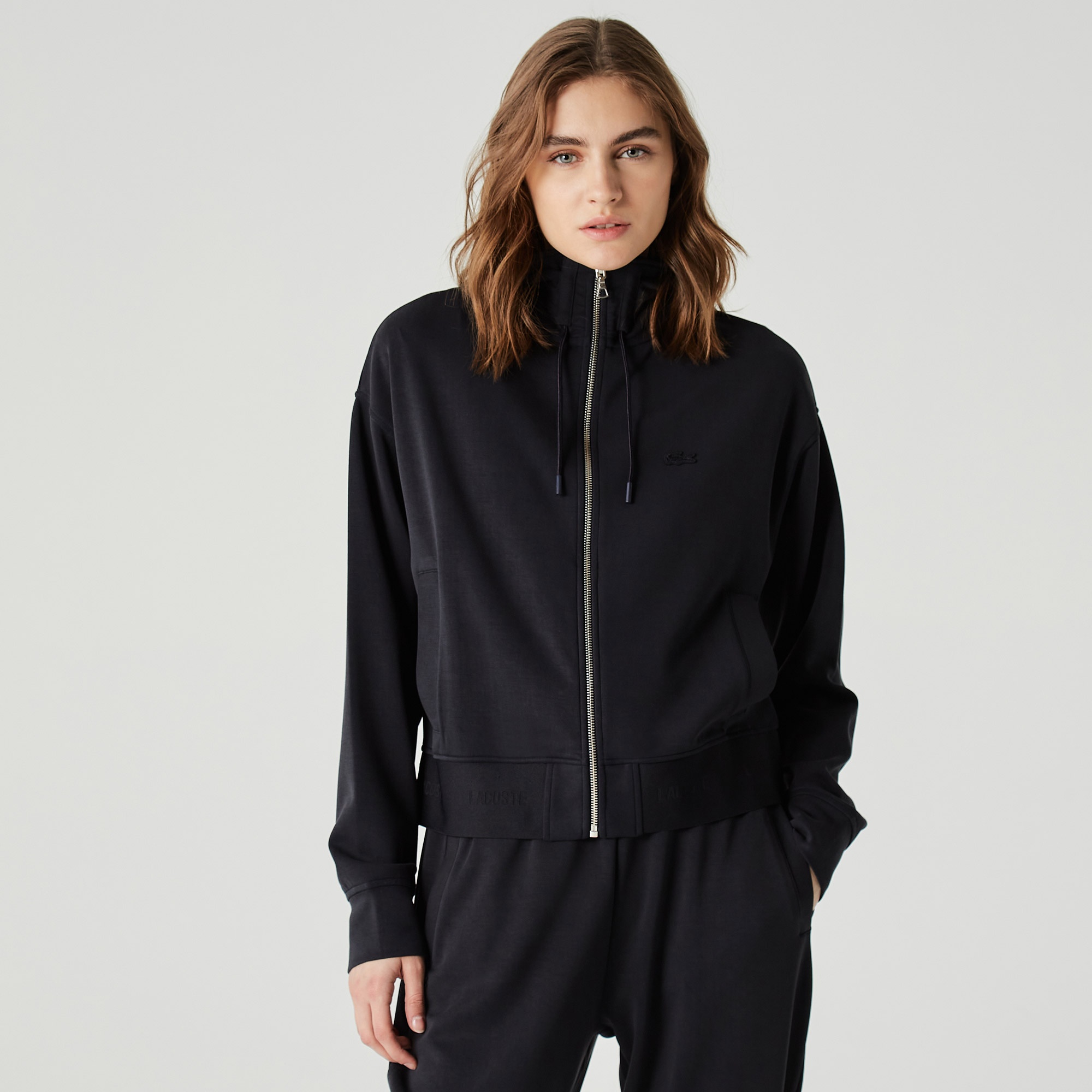 Lacoste Kadın Relaxed Fit Kapüşonlu Fermuarlı Siyah Sweatshirt