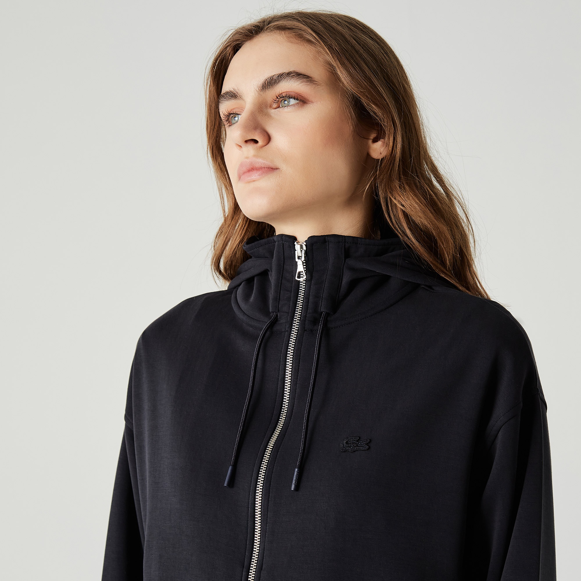 Lacoste Kadın Relaxed Fit Kapüşonlu Fermuarlı Siyah Sweatshirt