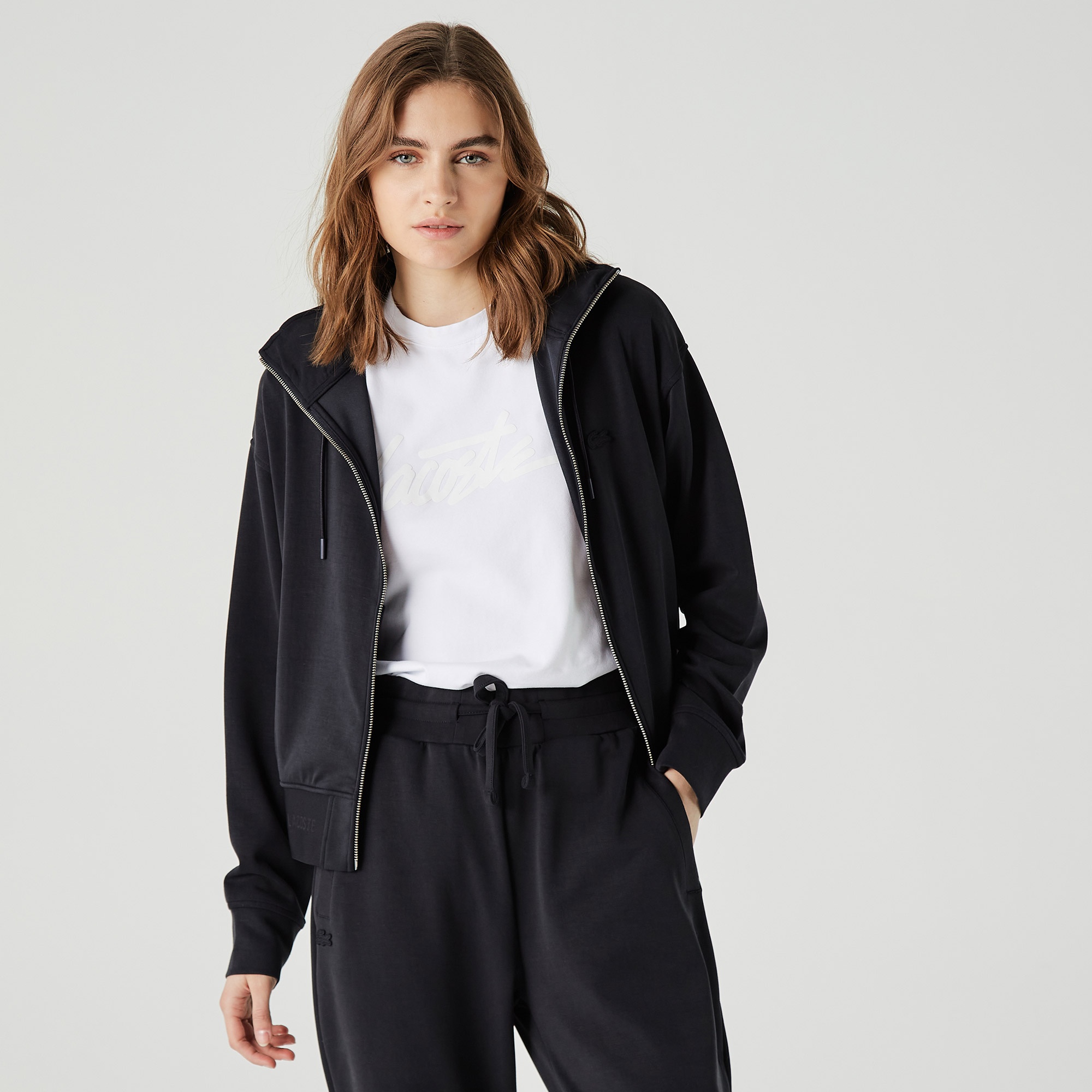 Lacoste Kadın Relaxed Fit Kapüşonlu Fermuarlı Siyah Sweatshirt