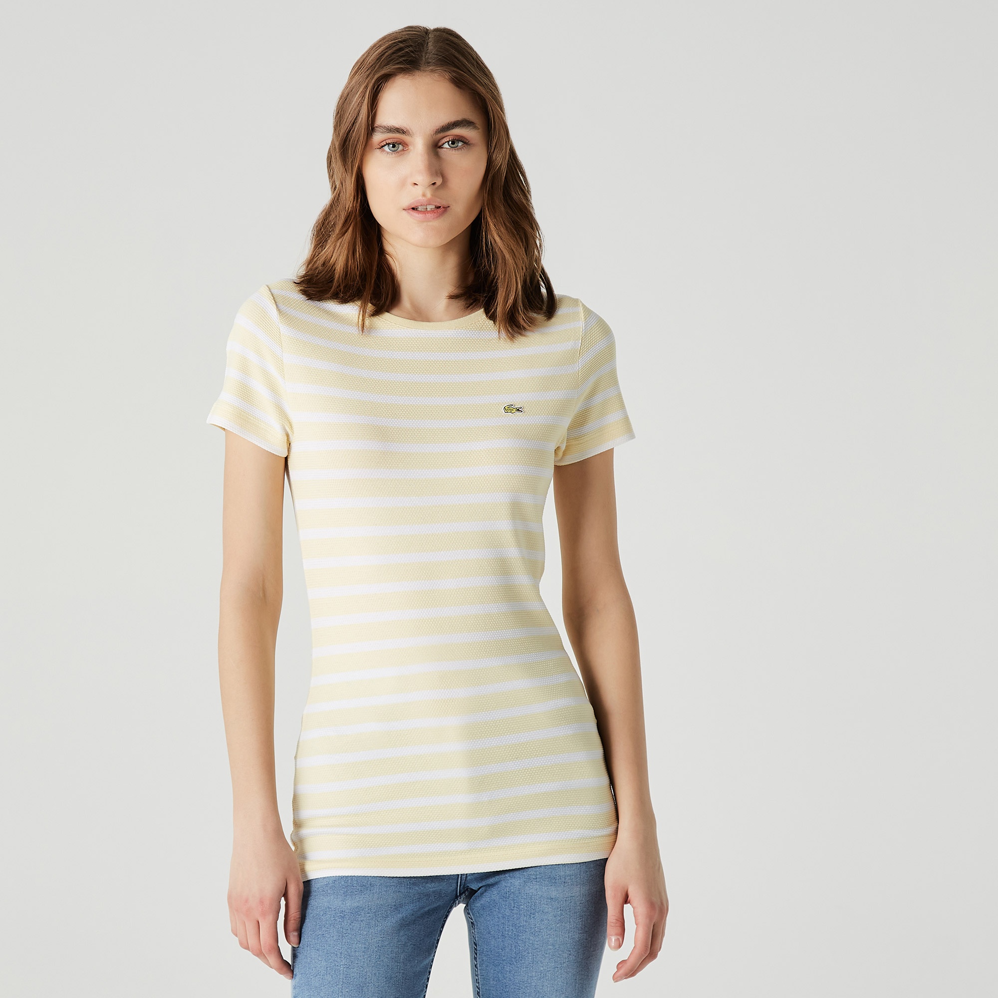 Lacoste Kadın Slim Fit Bisiklet Yaka Çizgili Sarı T-Shirt