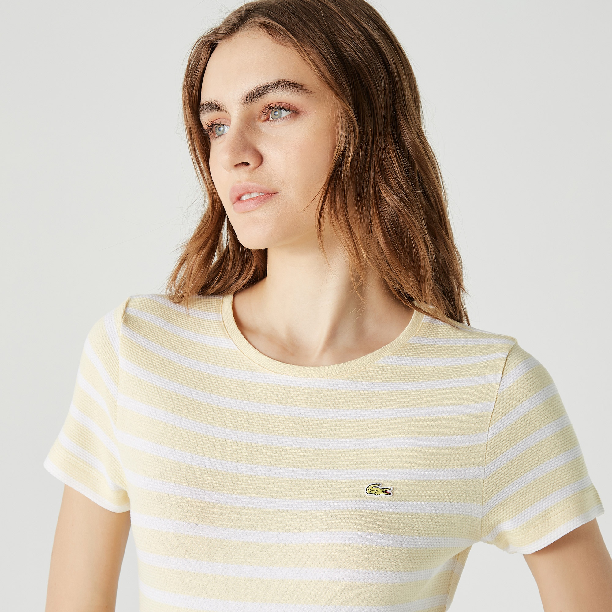 Lacoste Kadın Slim Fit Bisiklet Yaka Çizgili Sarı T-Shirt