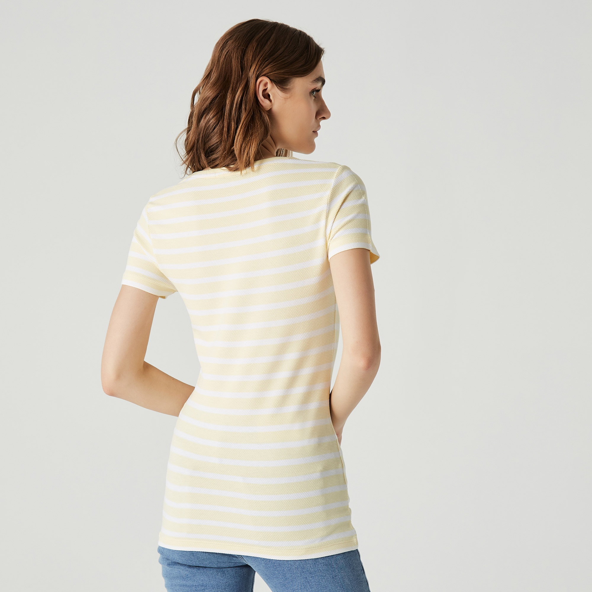 Lacoste Kadın Slim Fit Bisiklet Yaka Çizgili Sarı T-Shirt