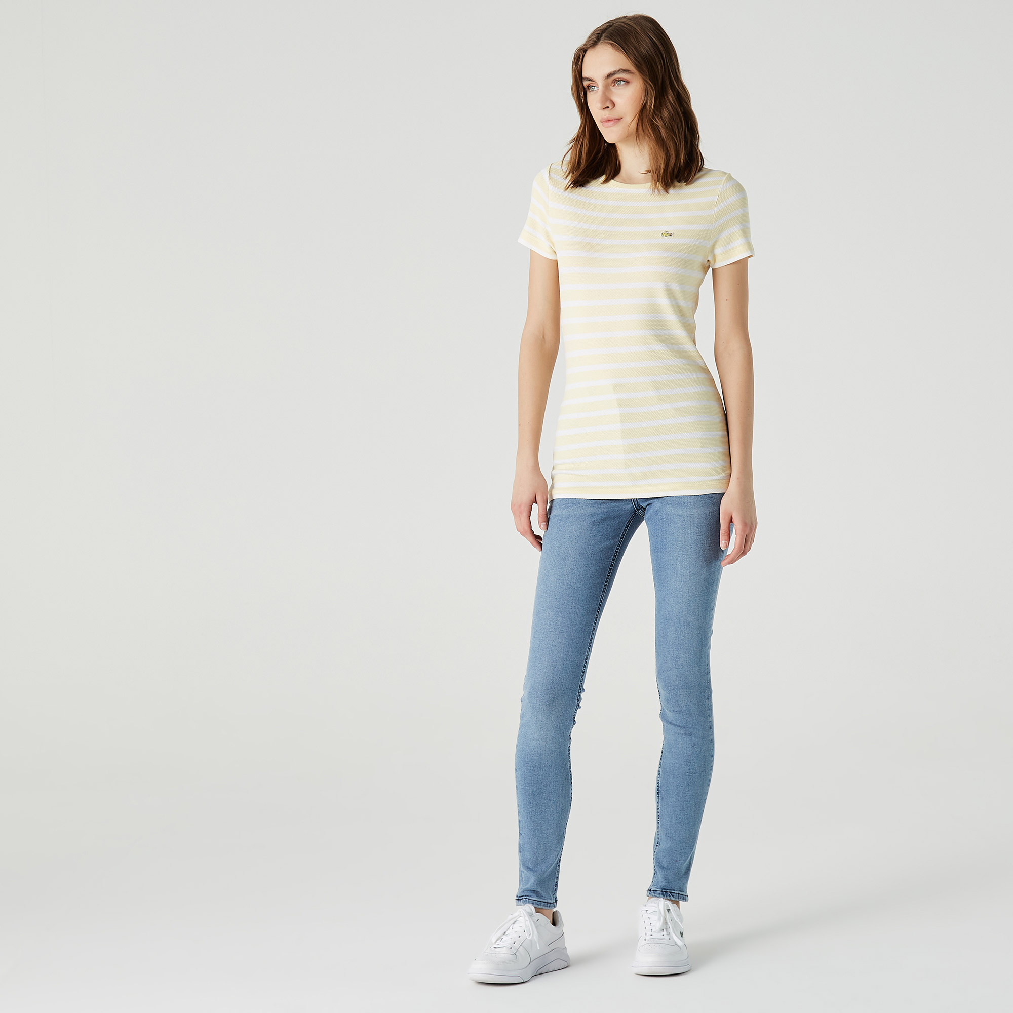 Lacoste Kadın Slim Fit Bisiklet Yaka Çizgili Sarı T-Shirt Sarı