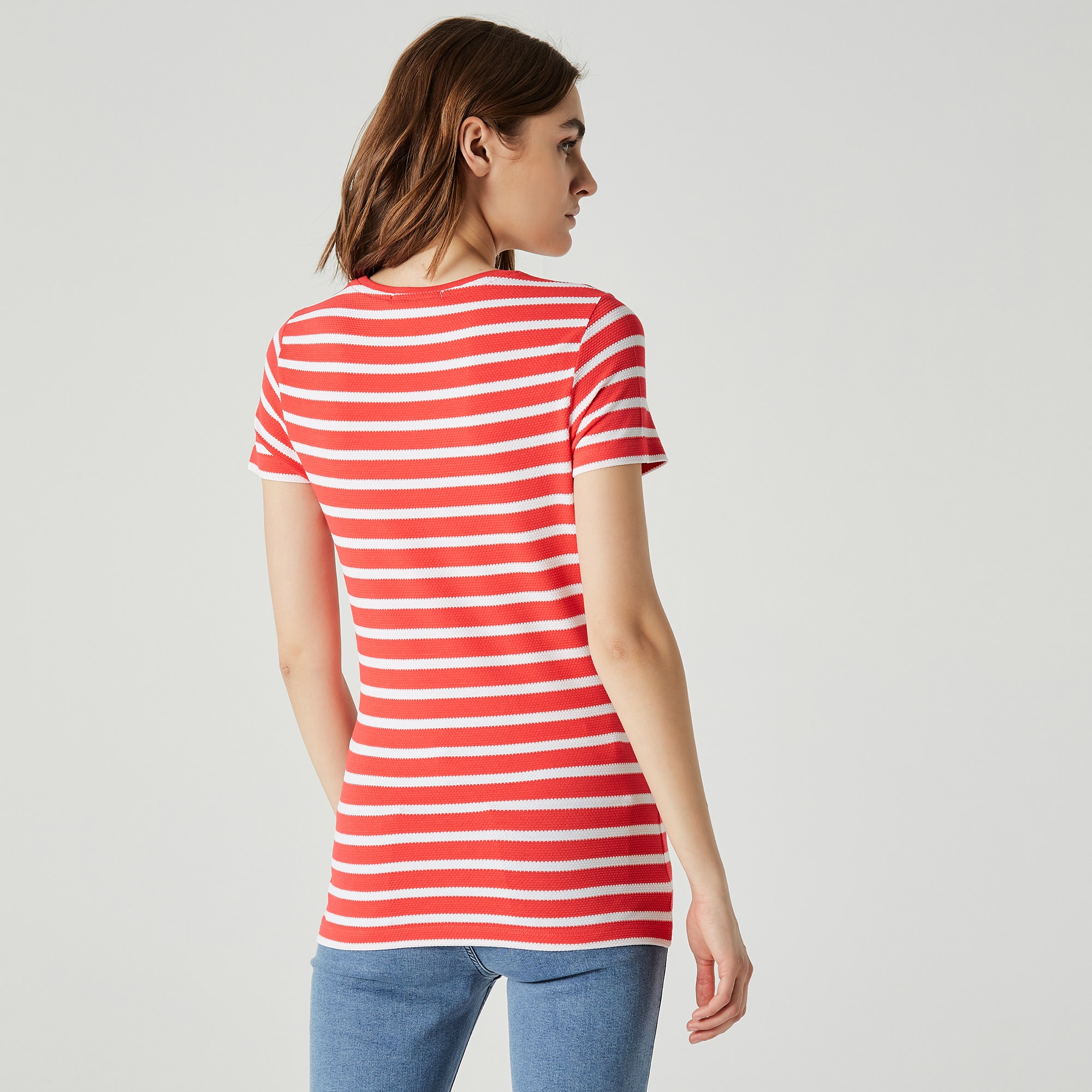 Lacoste Kadın Bisiklet Yaka Çizgili Pembe - Beyaz T-Shirt