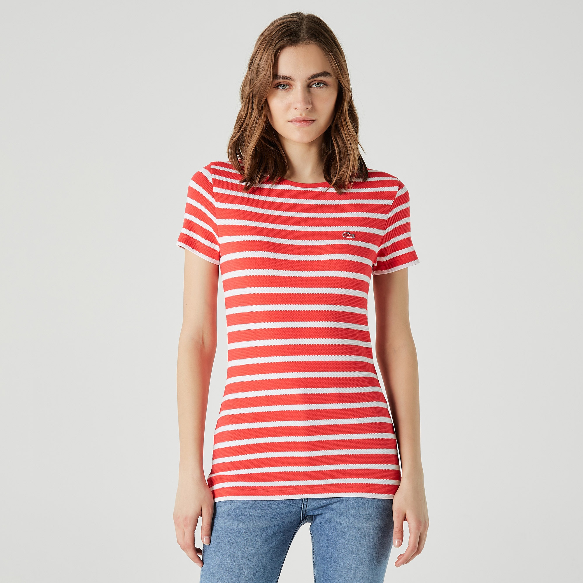 Lacoste Kadın Bisiklet Yaka Çizgili Pembe - Beyaz T-Shirt