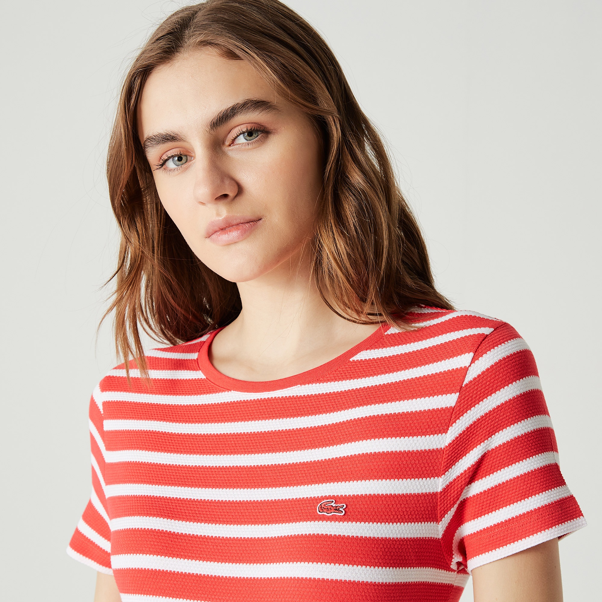 Lacoste Kadın Bisiklet Yaka Çizgili Pembe - Beyaz T-Shirt