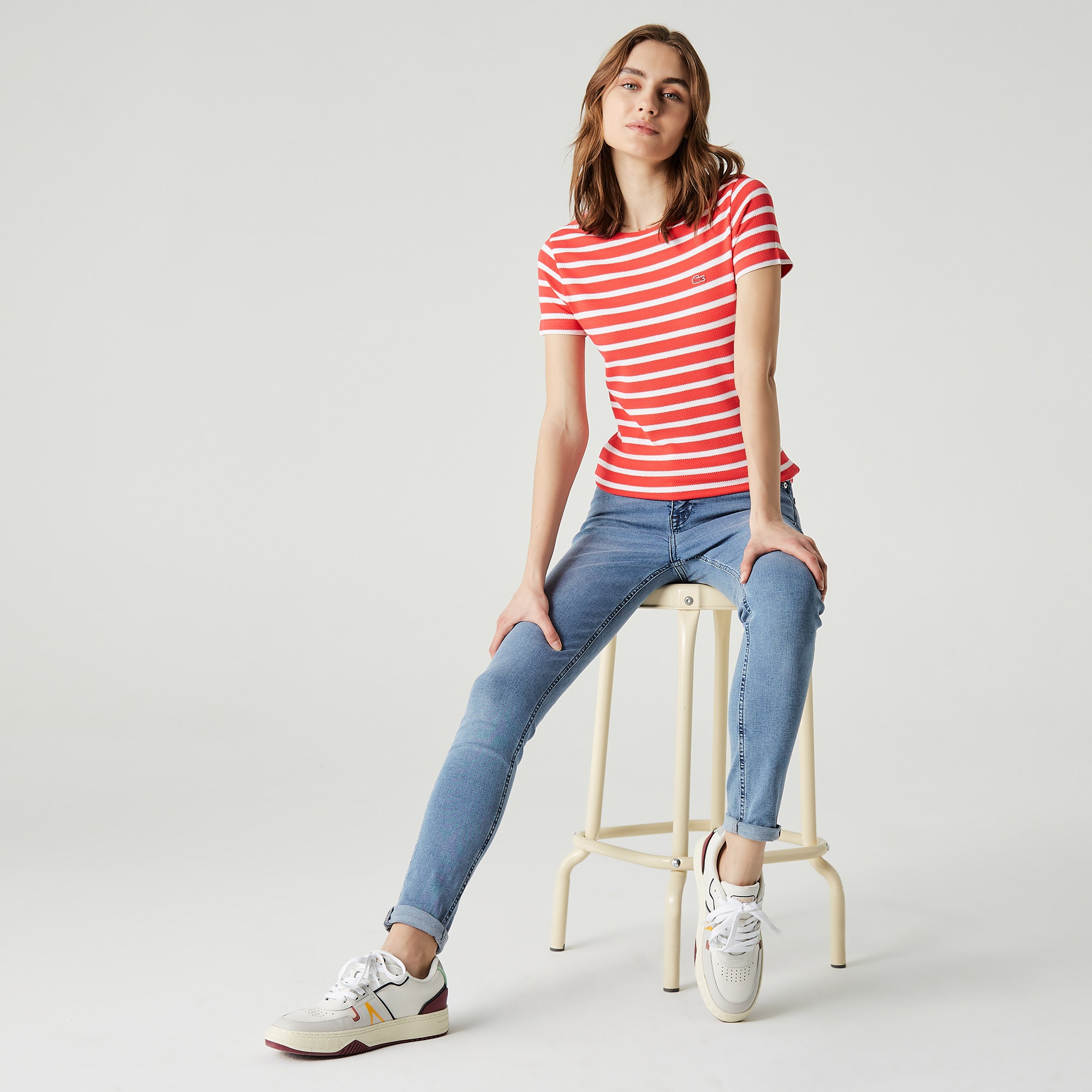 Lacoste Kadın Bisiklet Yaka Çizgili Pembe - Beyaz T-Shirt