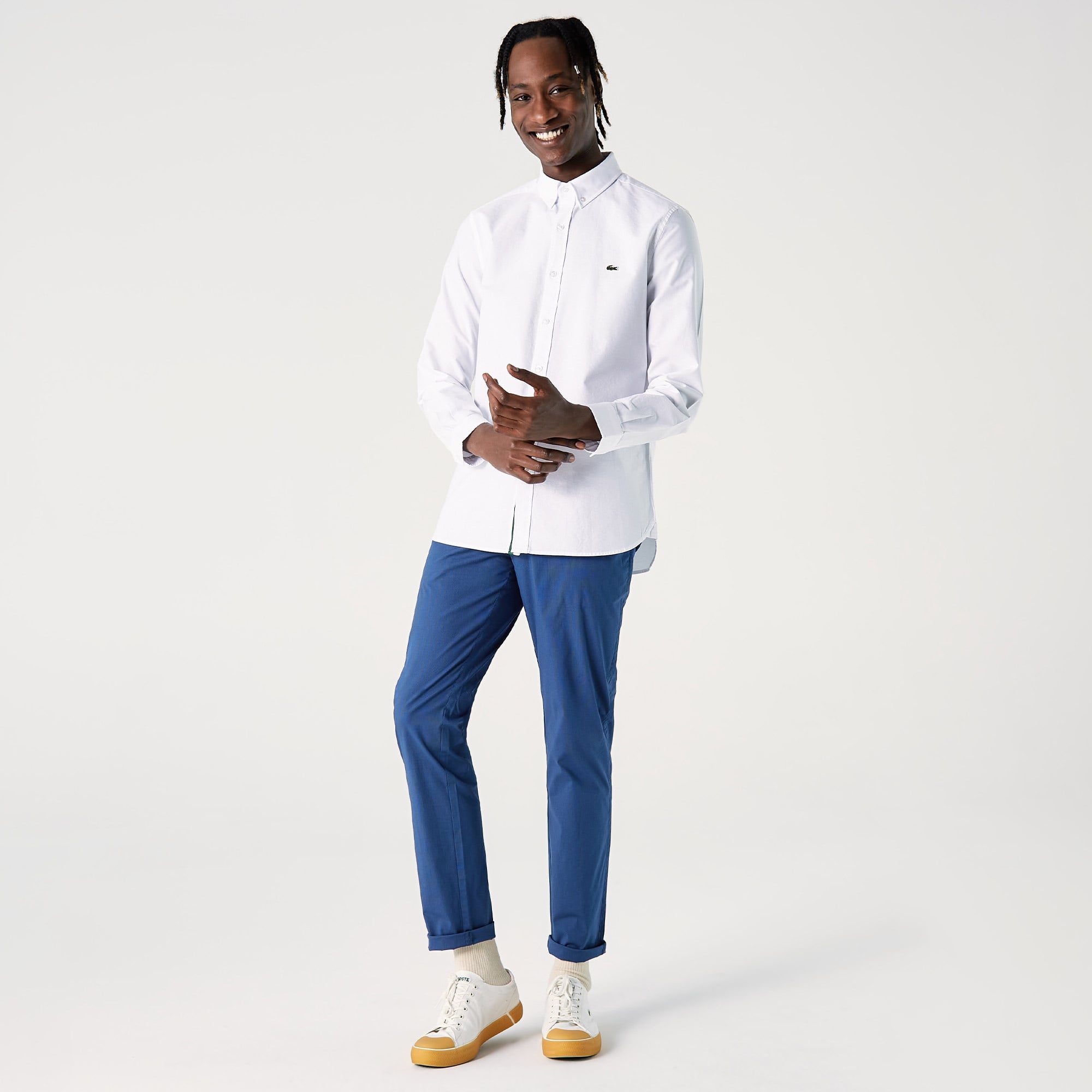 Erkek Slim Fit Düğmeli Yaka Beyaz Gömlek