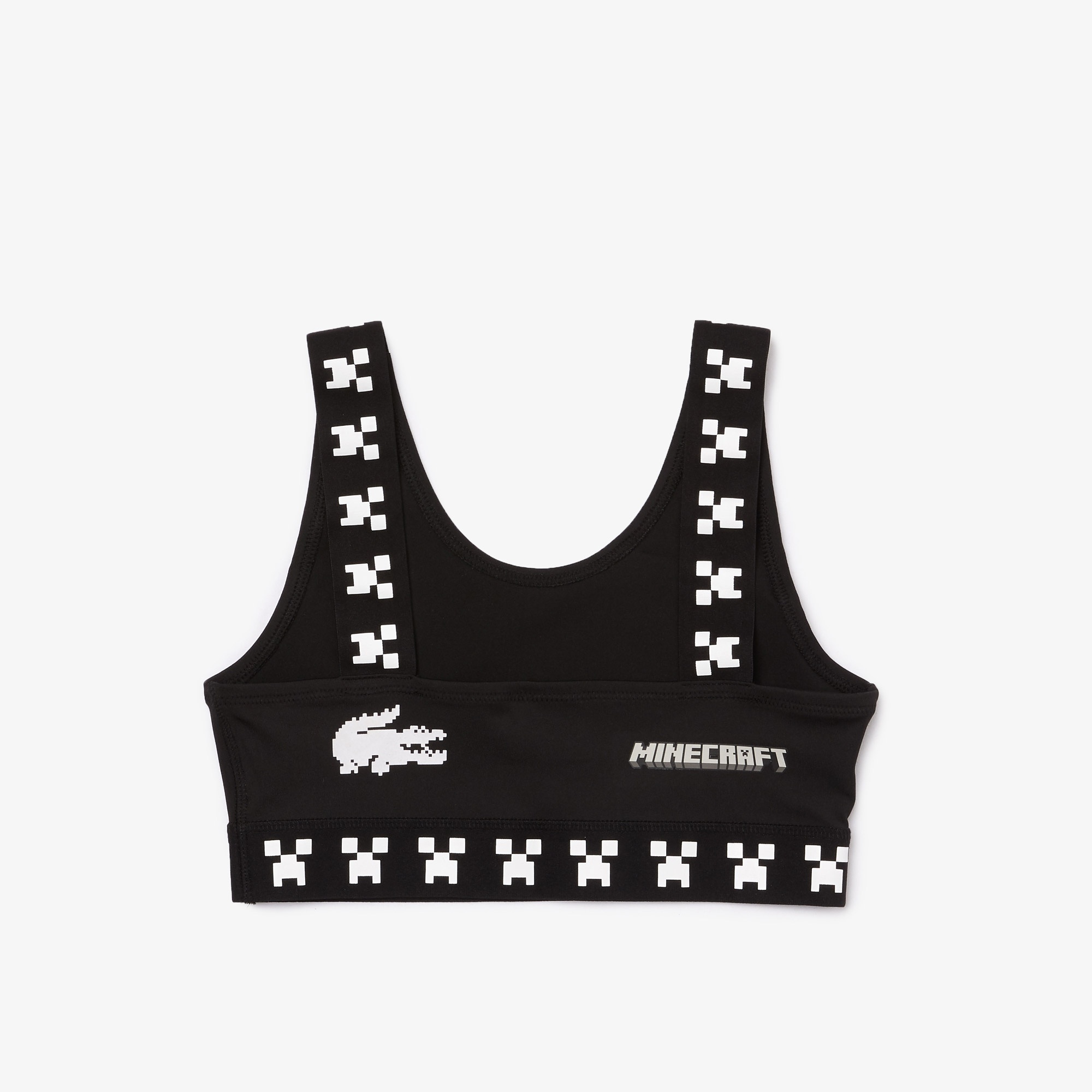 Lacoste X Minecraft Kadın Bisiklet Yaka Baskılı Siyah Crop Top