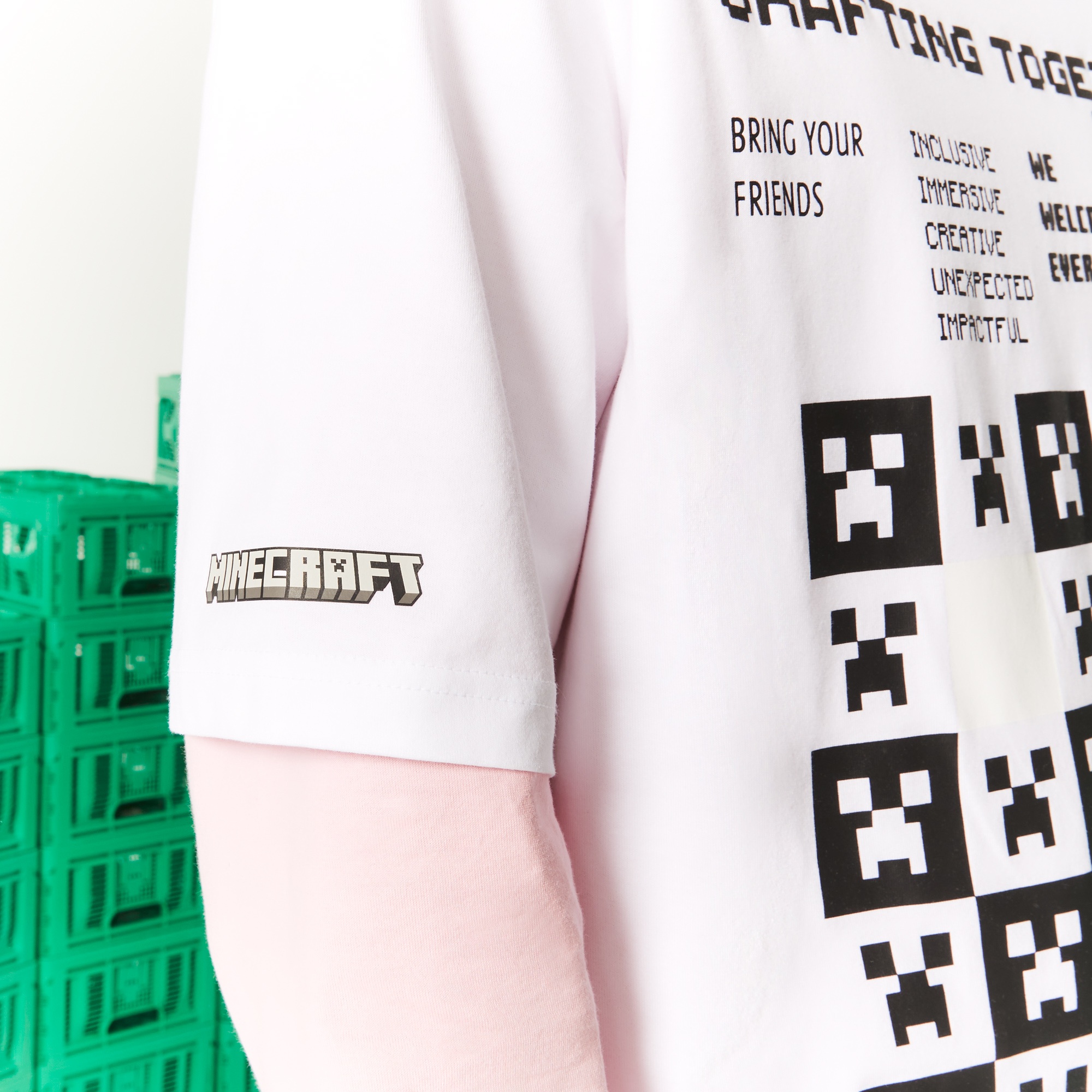 Lacoste X Minecraft Erkek Relaxed Fit Bisiklet Yaka Desenli Beyaz T-Shirt