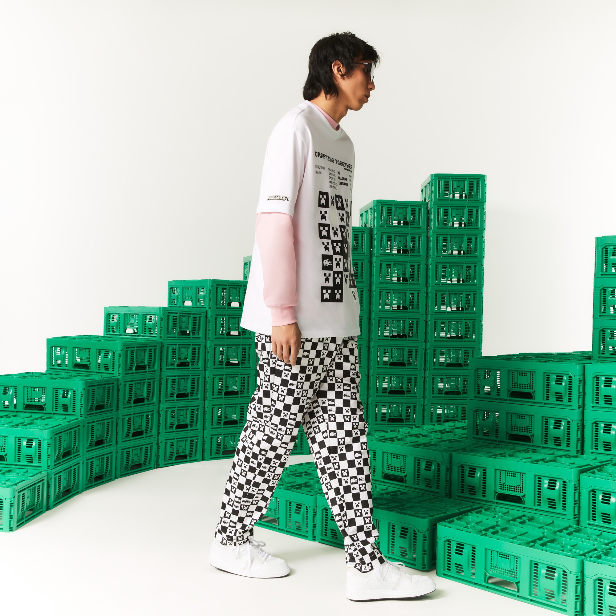 Lacoste X Minecraft Erkek Relaxed Fit Bisiklet Yaka Desenli Beyaz T-Shirt