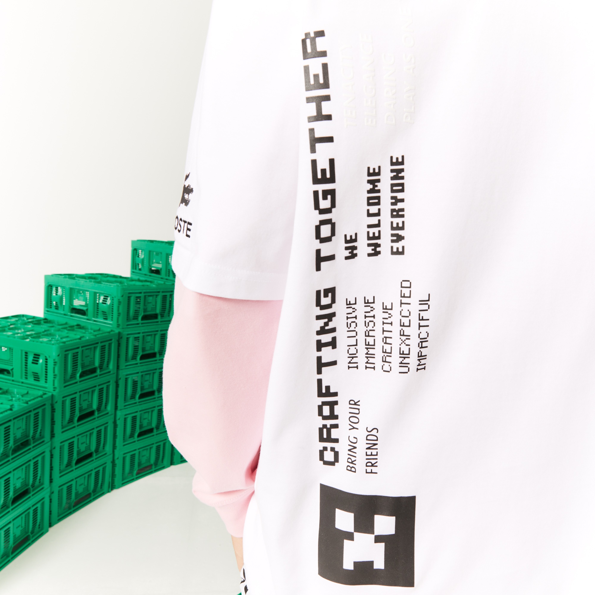 Lacoste X Minecraft Erkek Relaxed Fit Bisiklet Yaka Desenli Beyaz T-Shirt