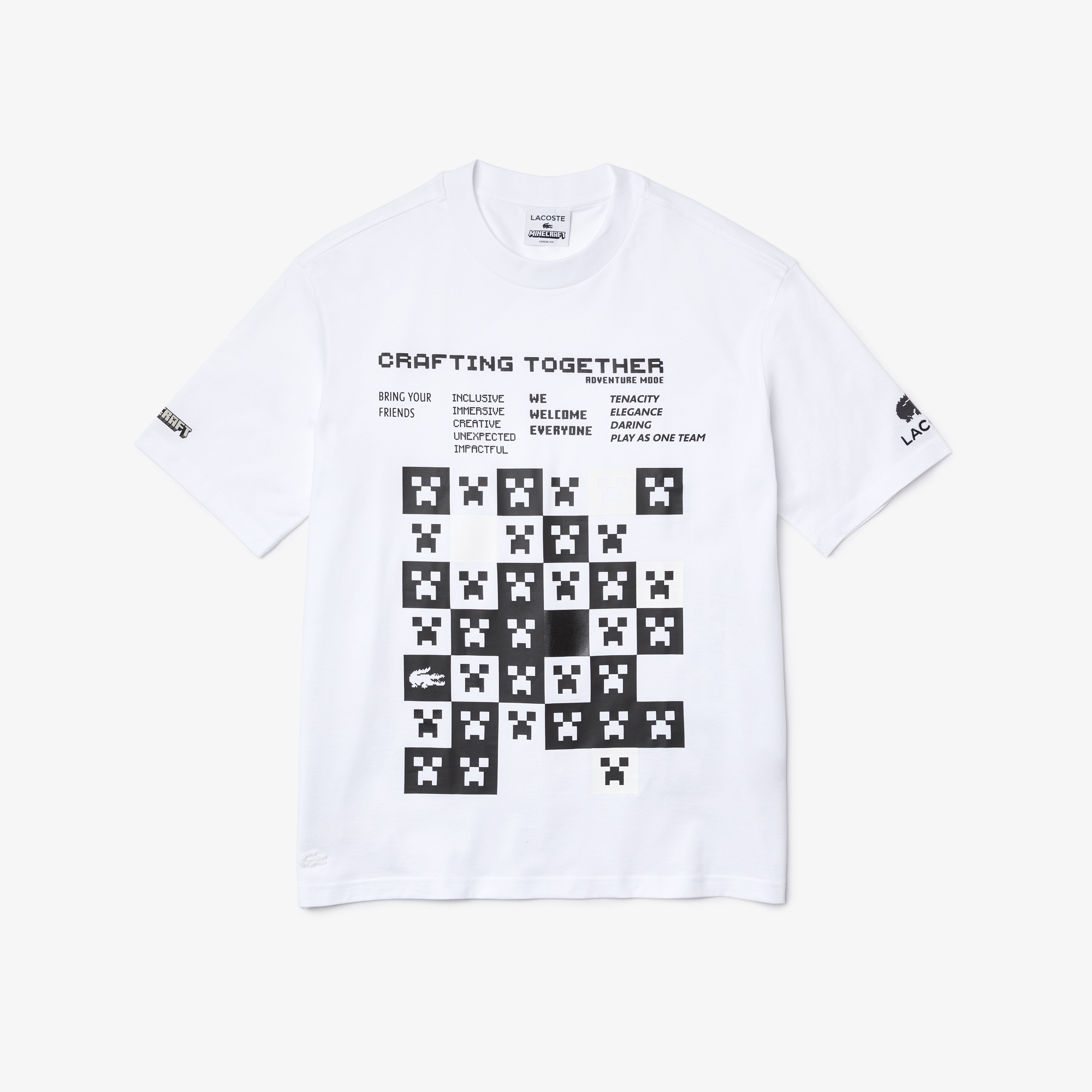 Lacoste X Minecraft Erkek Relaxed Fit Bisiklet Yaka Desenli Beyaz T-Shirt