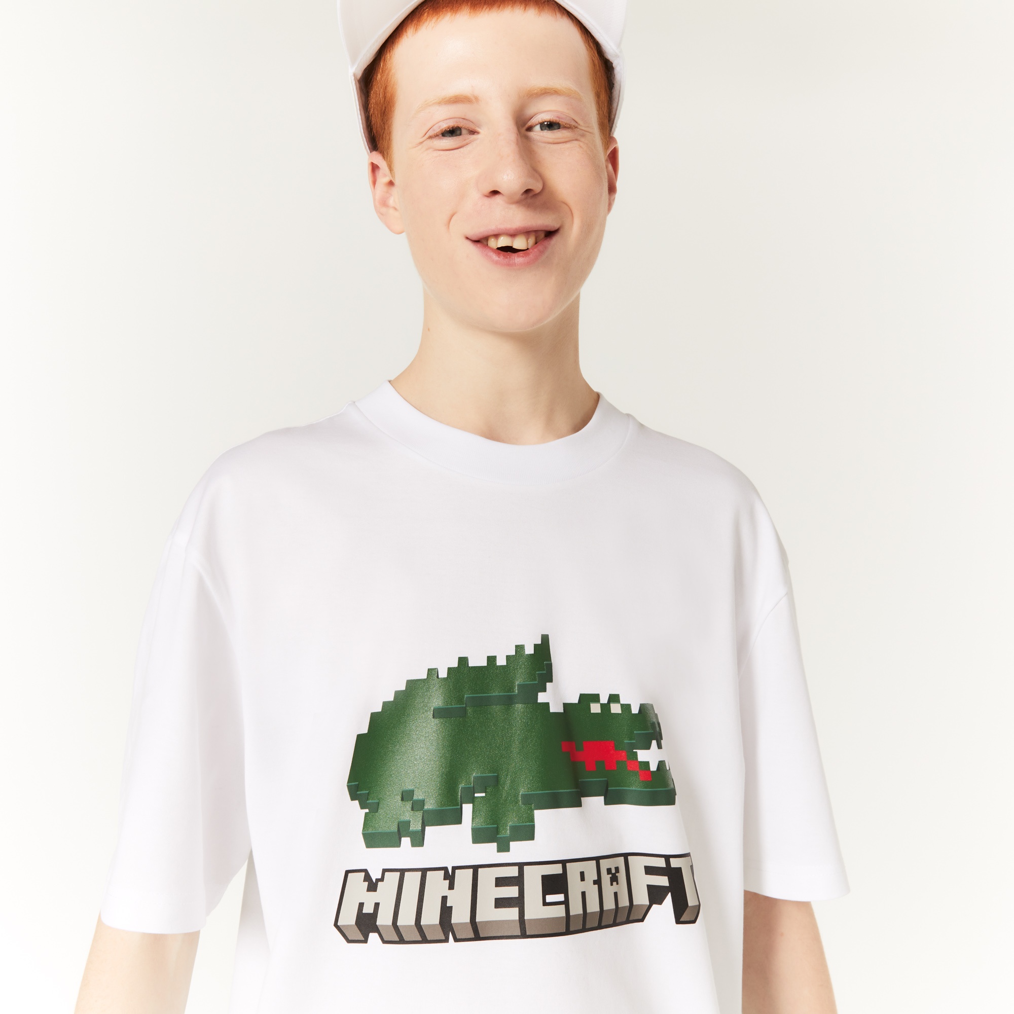 Lacoste X Minecraft Unisex Relaxed Fit Bisiklet Yaka Baskılı Beyaz T-Shirt