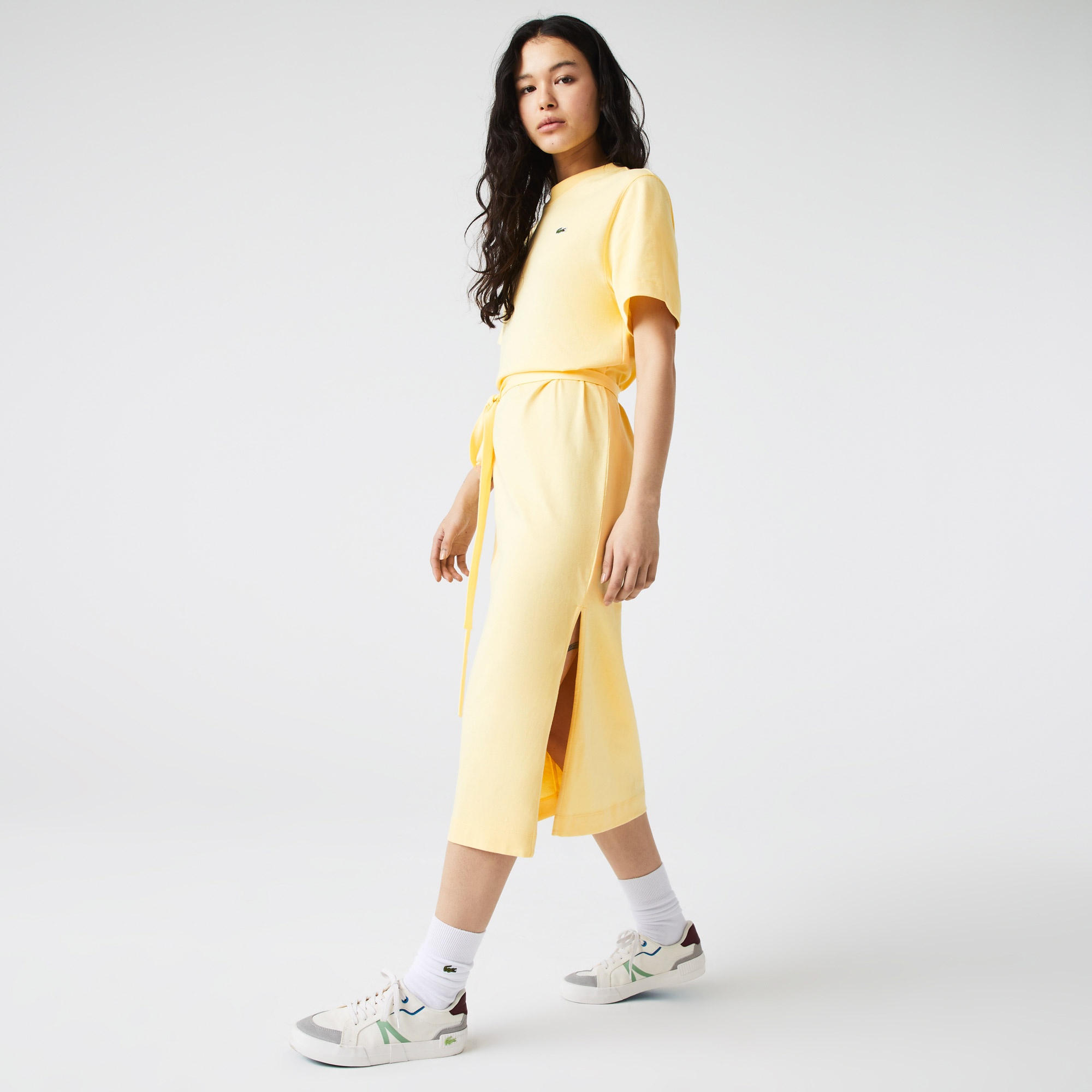 Lacoste Kadın Loose Fit Kısa Kollu Bisiklet Yaka Sarı Elbise